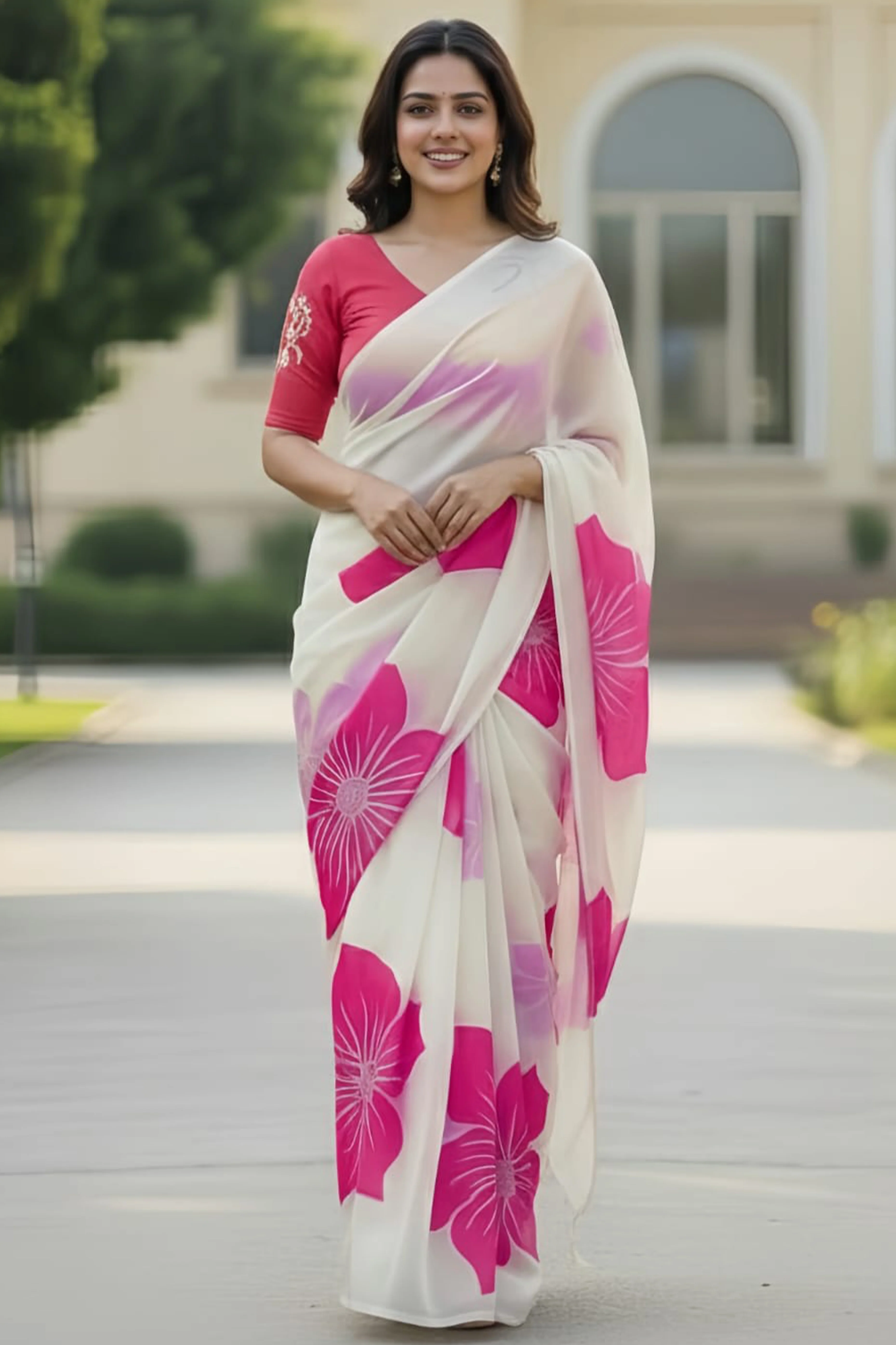 White & Pink Organza Saree Featuring Delicate Floral Foil Prints - Image 3