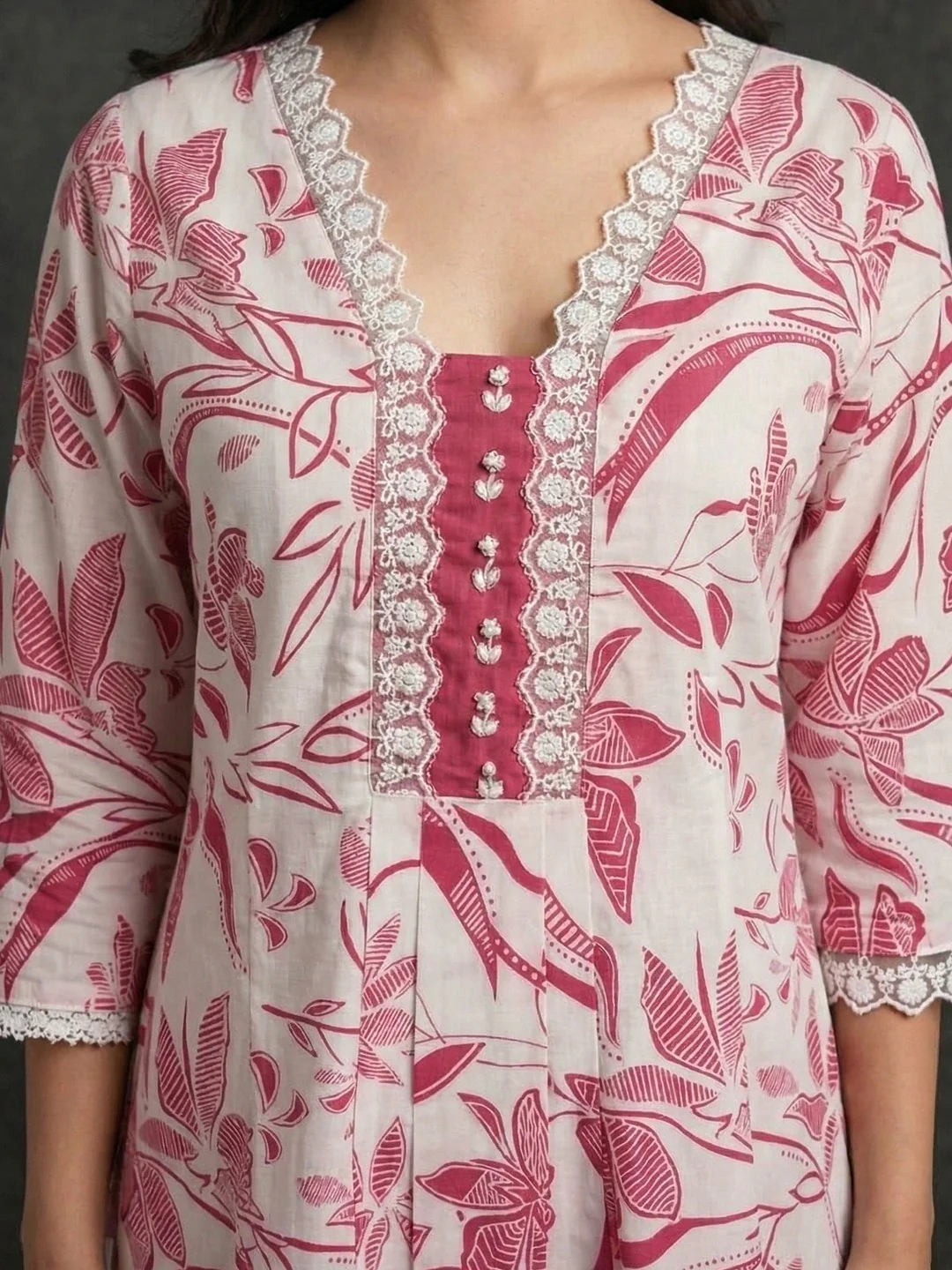 White & Pink Pure Cotton Salwar Suit with Floral Print and Straight Cut with Dupatta - Image 4