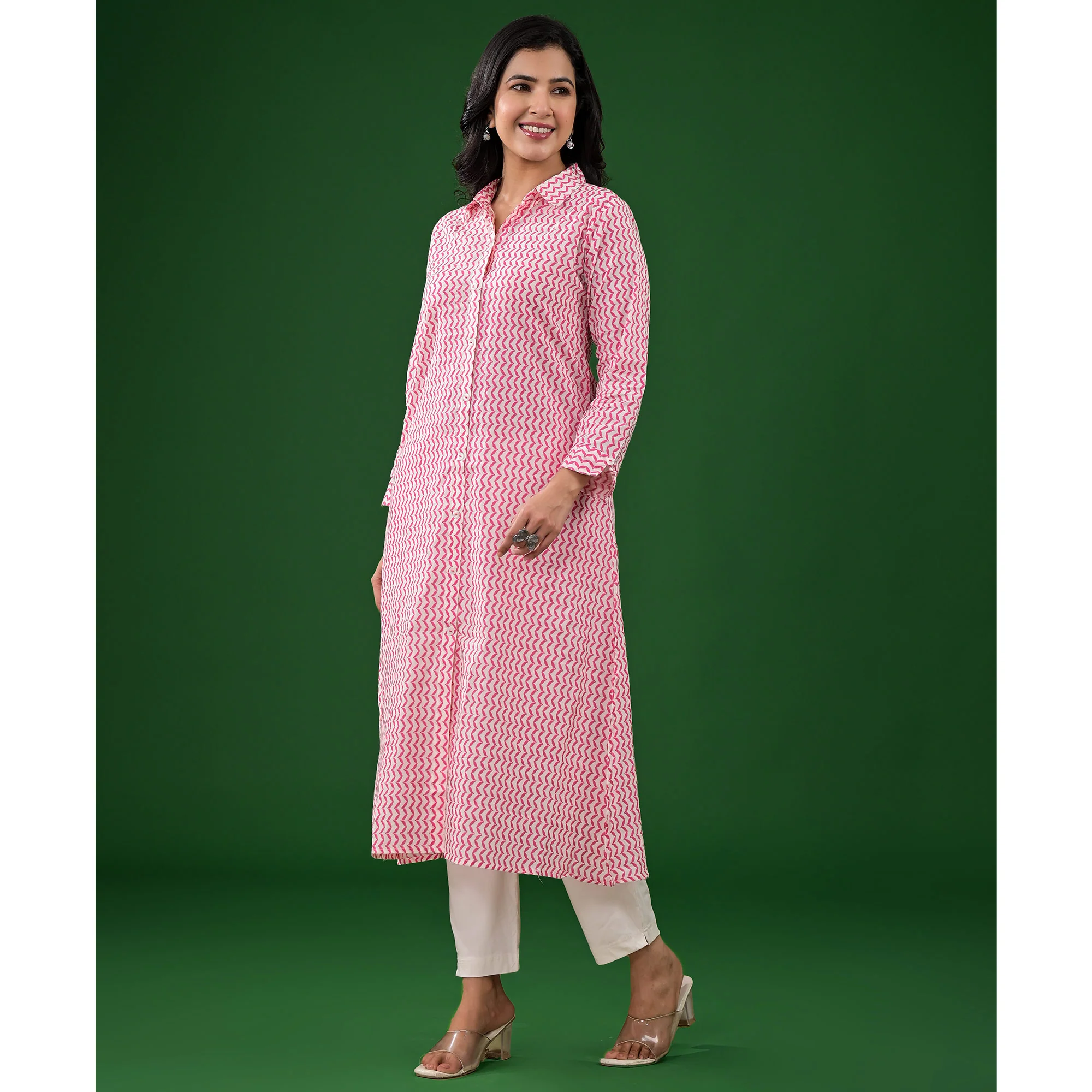 White & Pink Zig-Zag Printed Pure Cotton Straight Kurti - Image 4