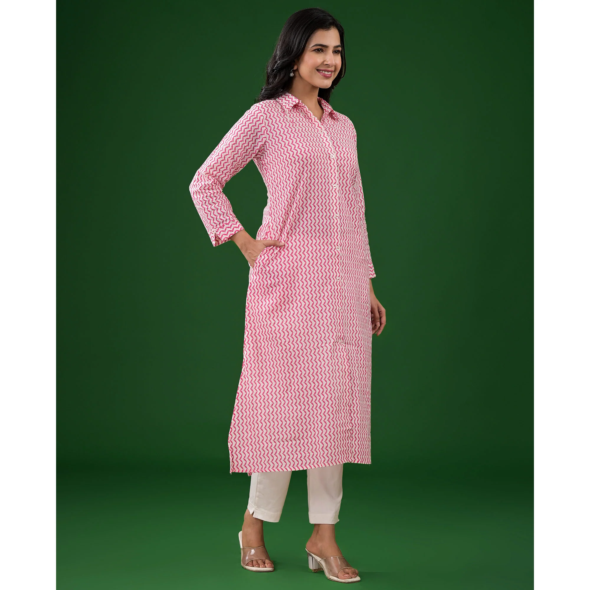White & Pink Zig-Zag Printed Pure Cotton Straight Kurti - Image 5