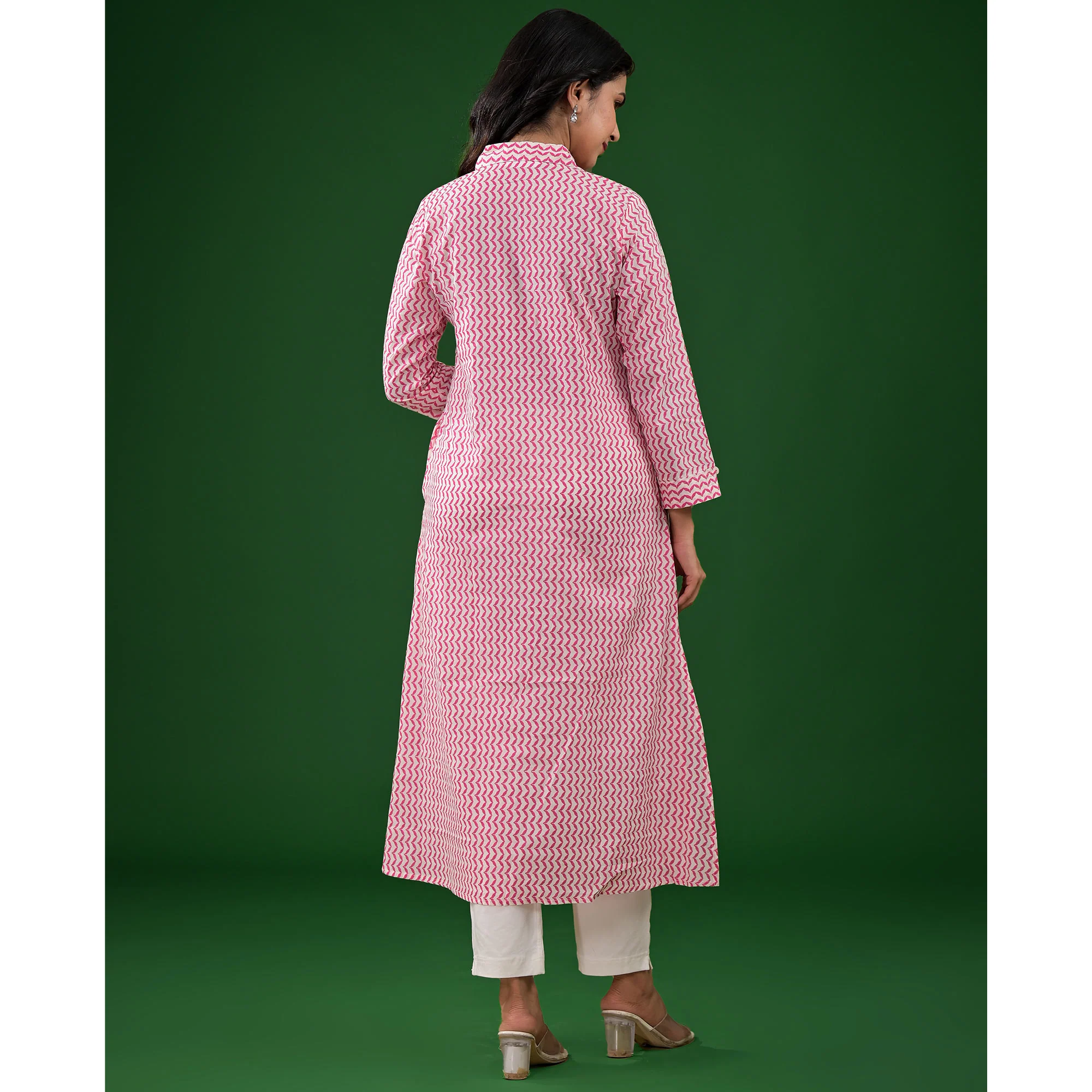 White & Pink Zig-Zag Printed Pure Cotton Straight Kurti - Image 7