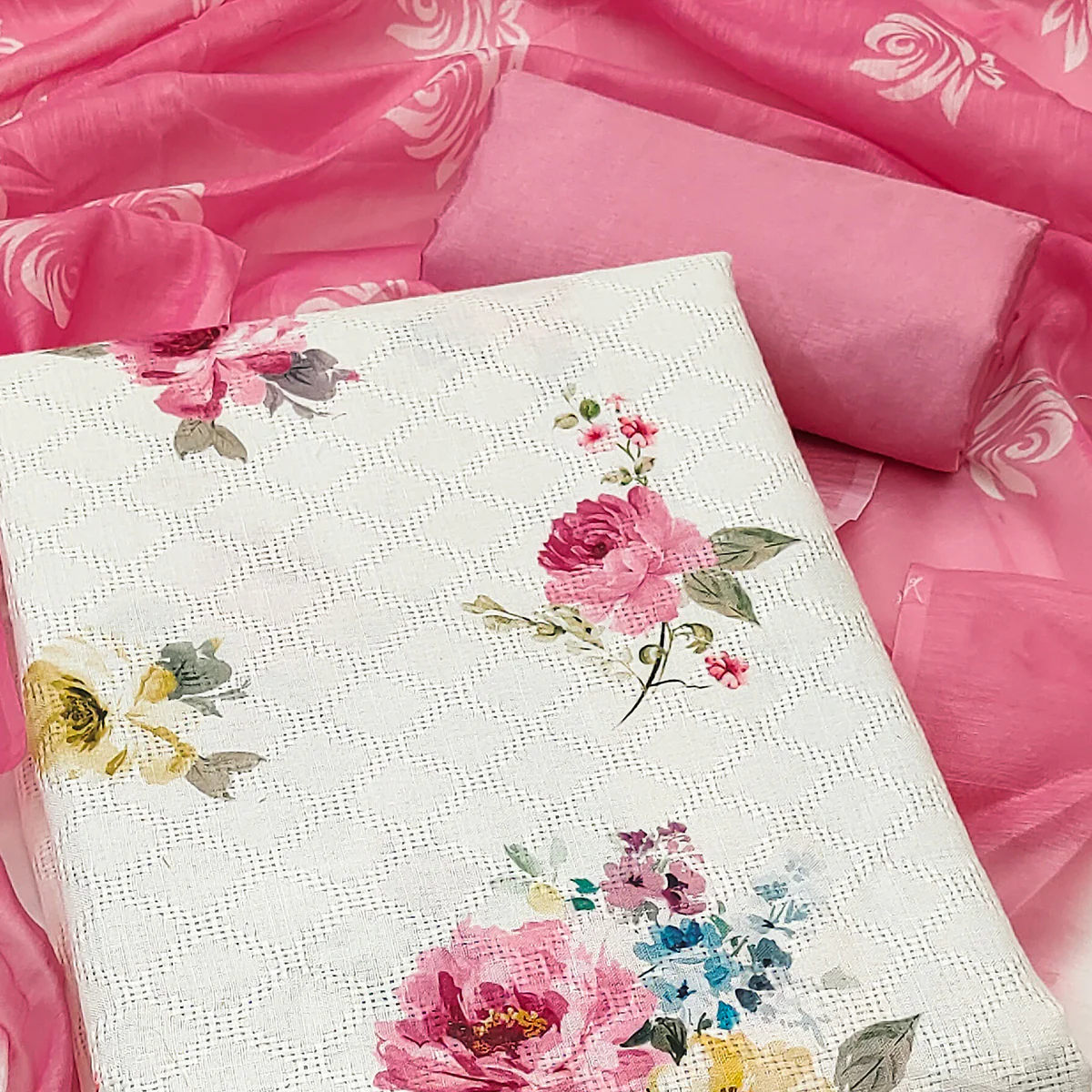 White Poly Cotton Blend Dress Material With Glimmering Floral Print - Image 3
