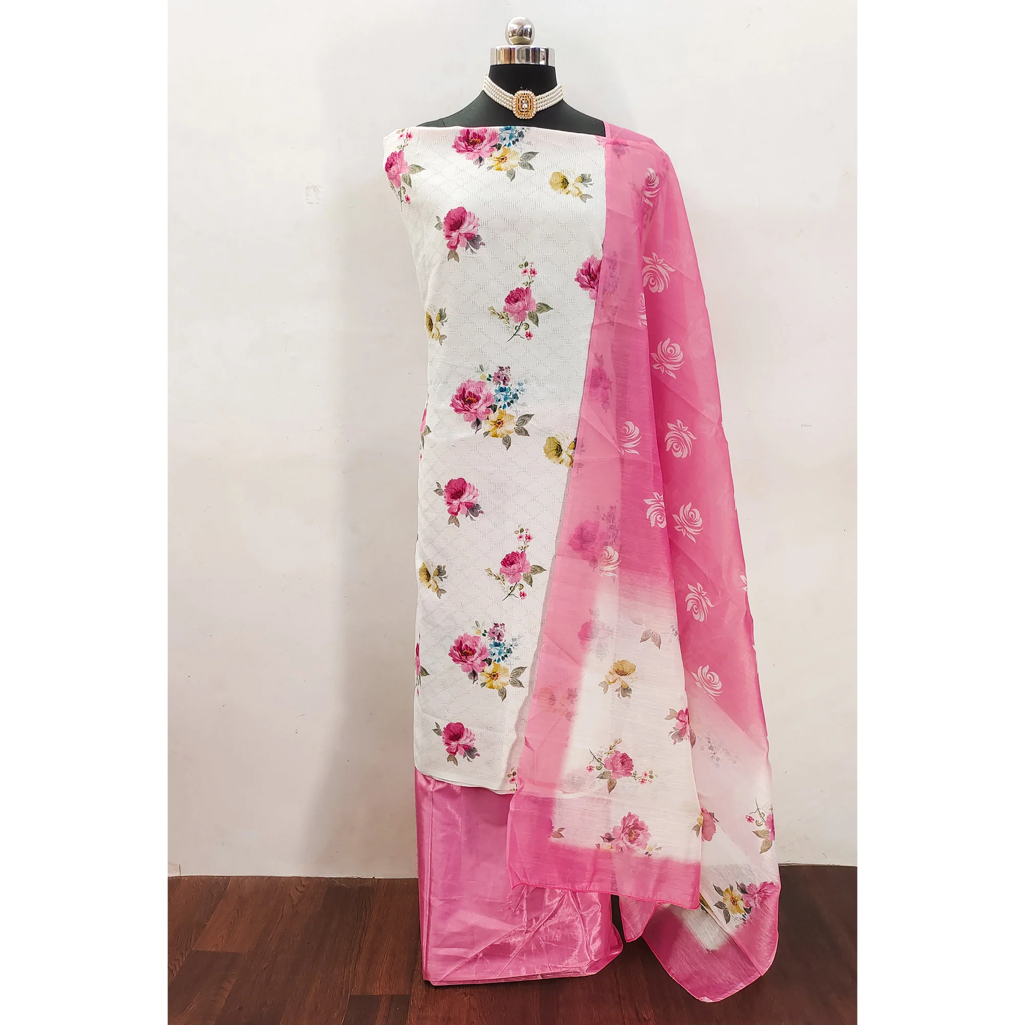 White Poly Cotton Blend Dress Material With Glimmering Floral Print - Image 4