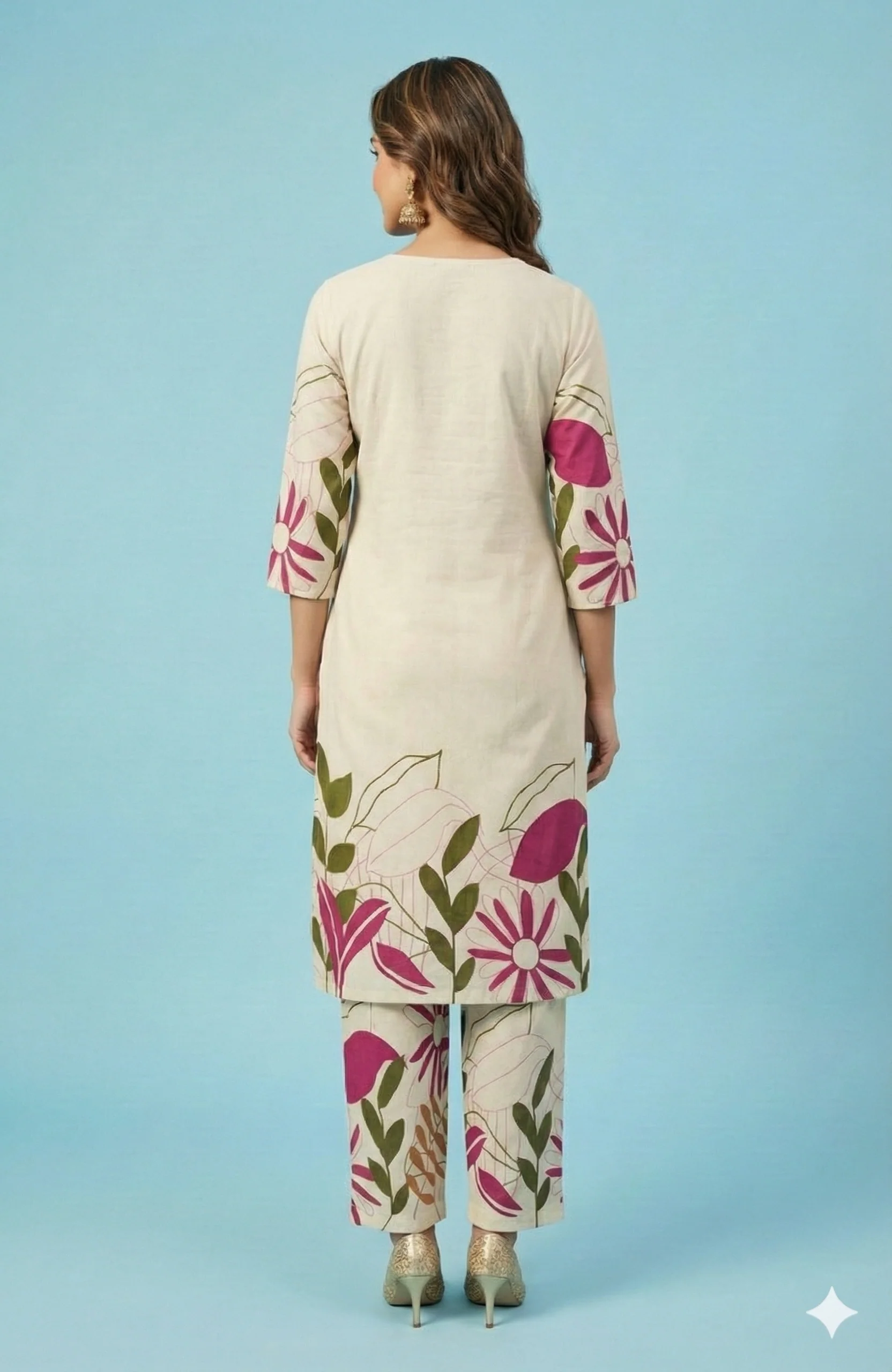 White Printed Cotton Top Bottom Set Ensemble with Mirror Embroidered Neckline - Image 3