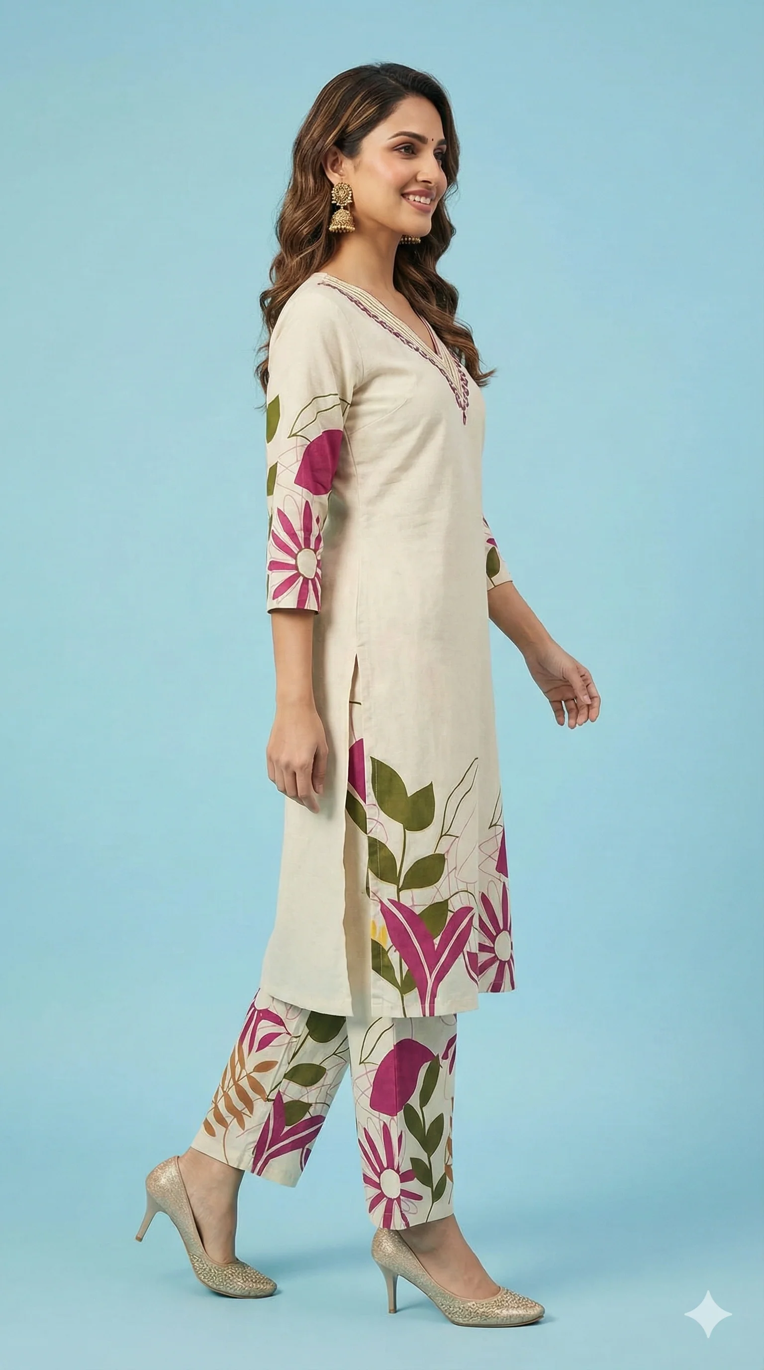 White Printed Cotton Top Bottom Set Ensemble with Mirror Embroidered Neckline - Image 4