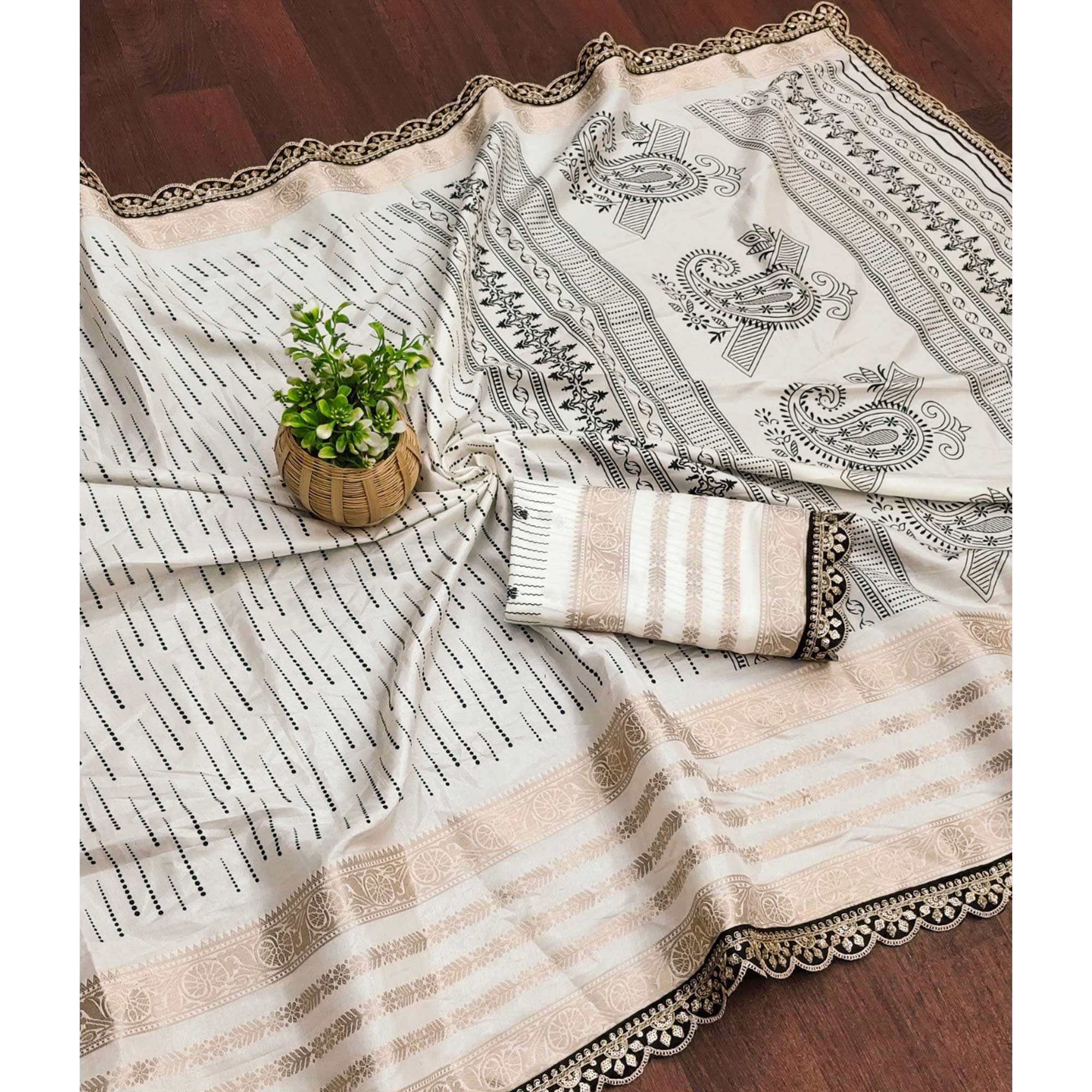 White Printed Dola Silk Saree With Sequins Border - Image 3