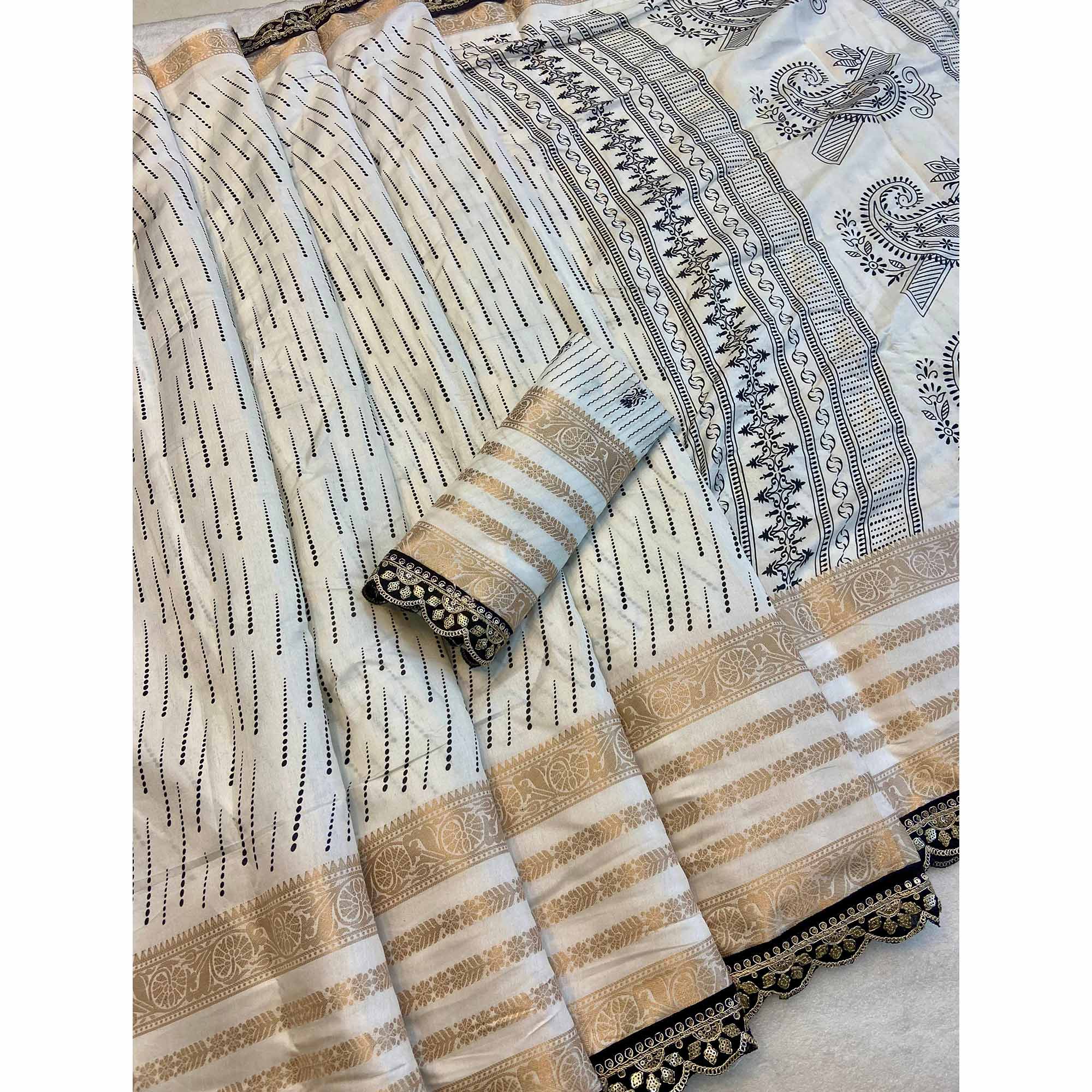 White Printed Dola Silk Saree With Sequins Border - Image 4