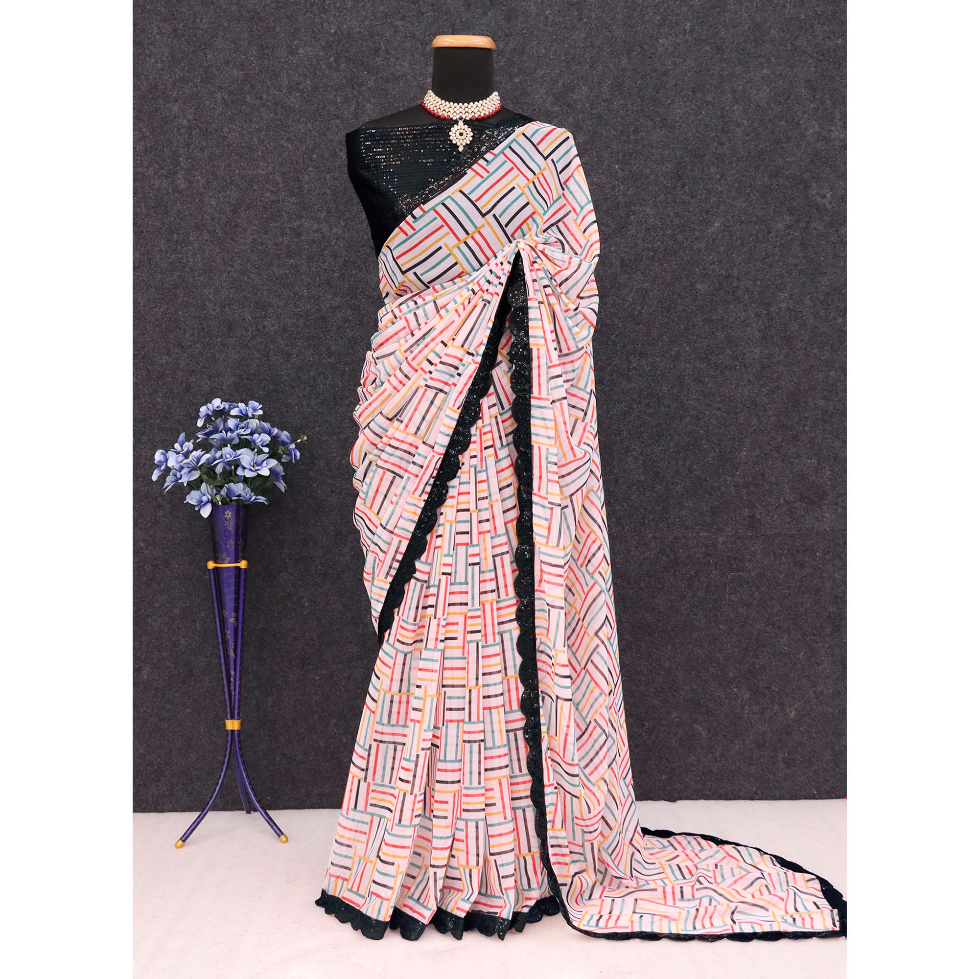 White Printed Georgette Saree With Sequins Border - Image 5