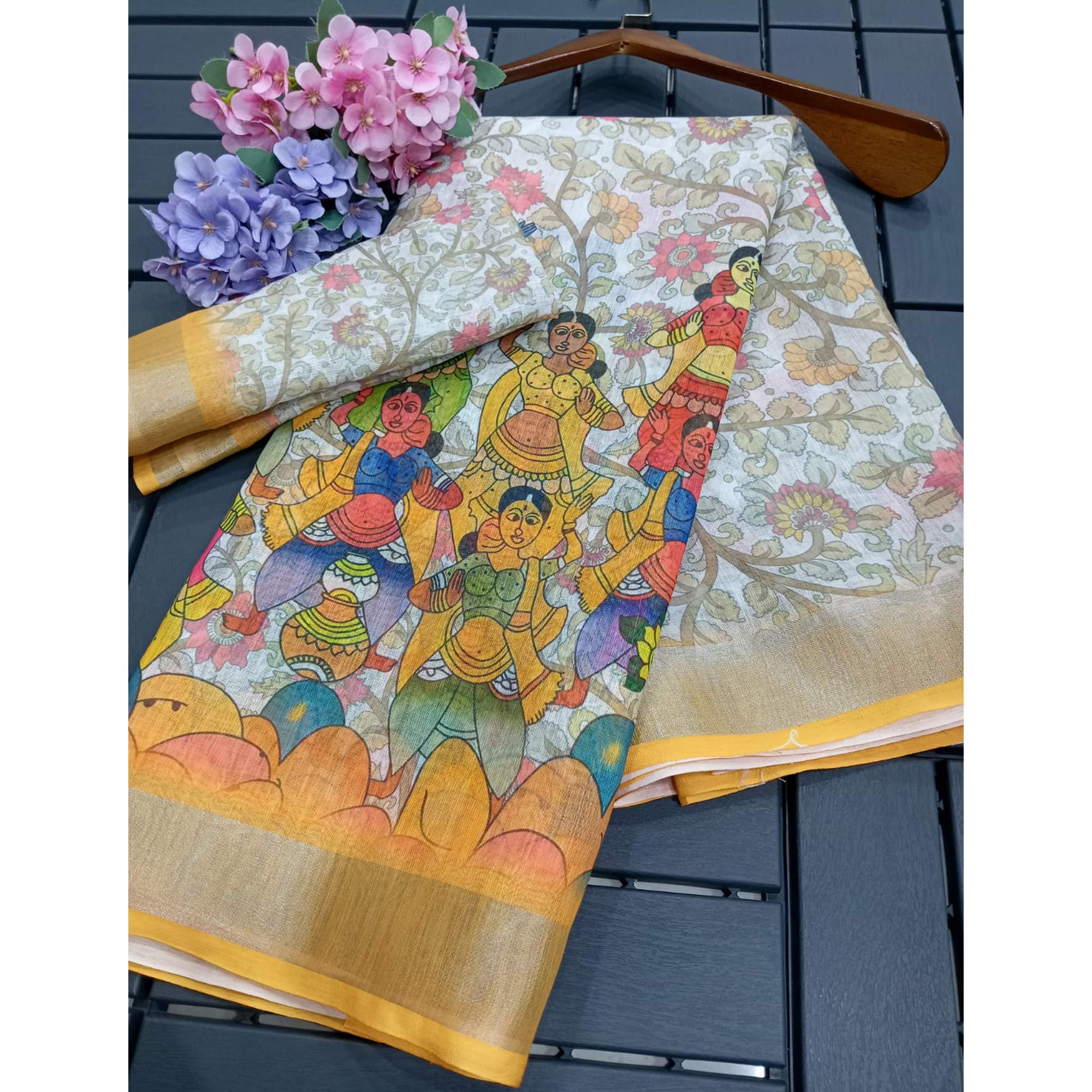 White Printed Linen Saree - Image 3