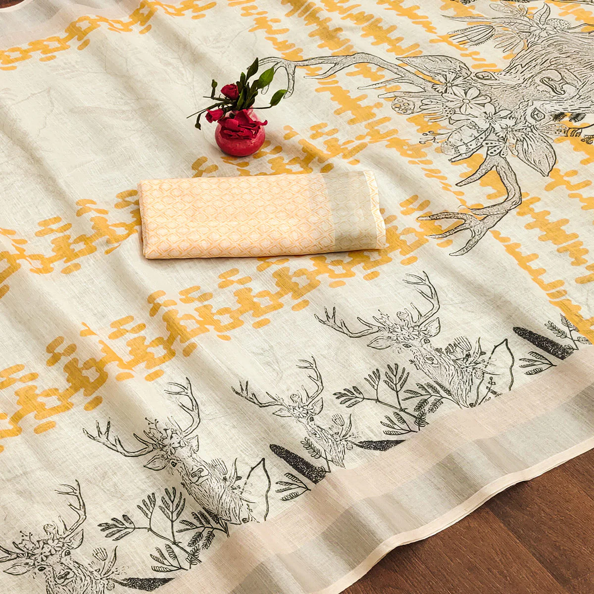 White Printed Linen Saree - Image 2