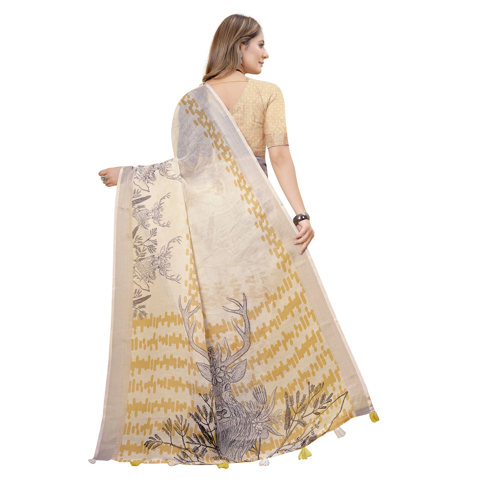 White Printed Linen Saree - Image 6
