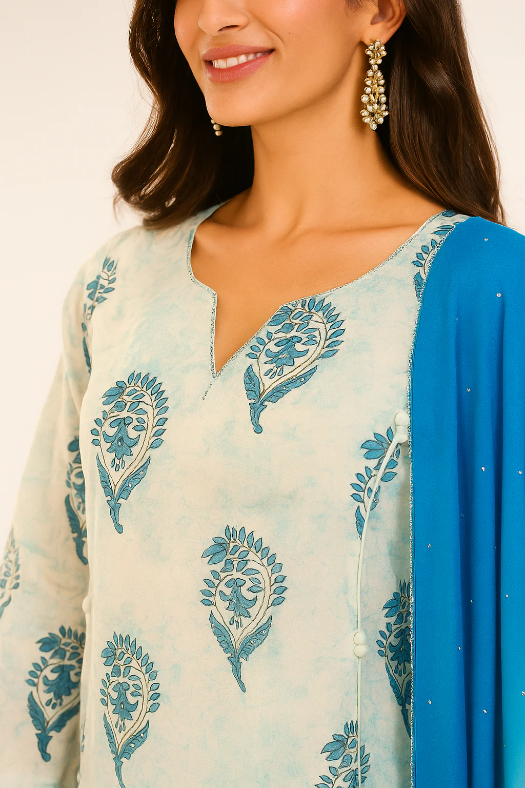 White Pure Cotton Straight Salwar Suit Enhanced with Block Print Detailing - Image 2