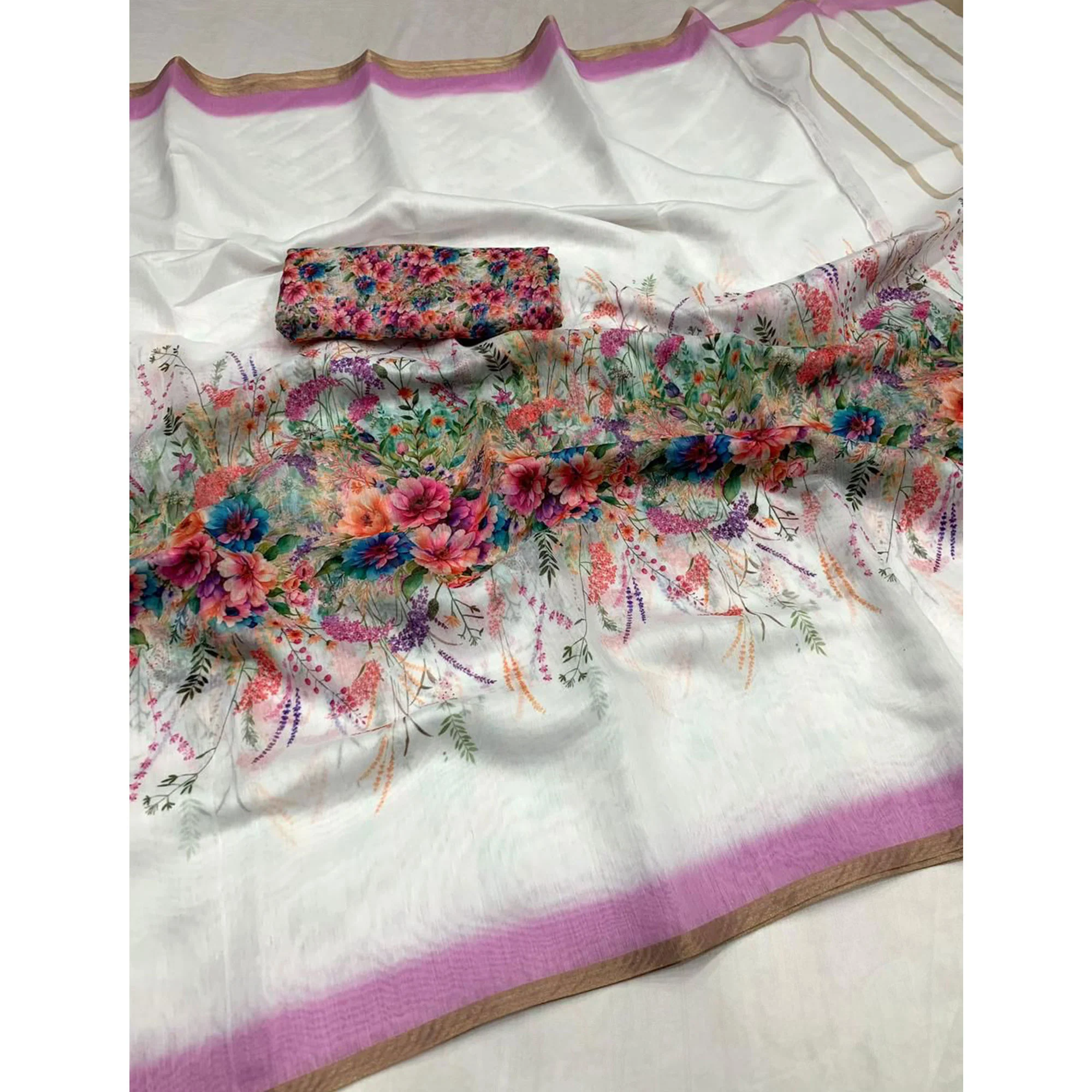 White & Purple Floral Digital Printed Linen Saree - Image 3