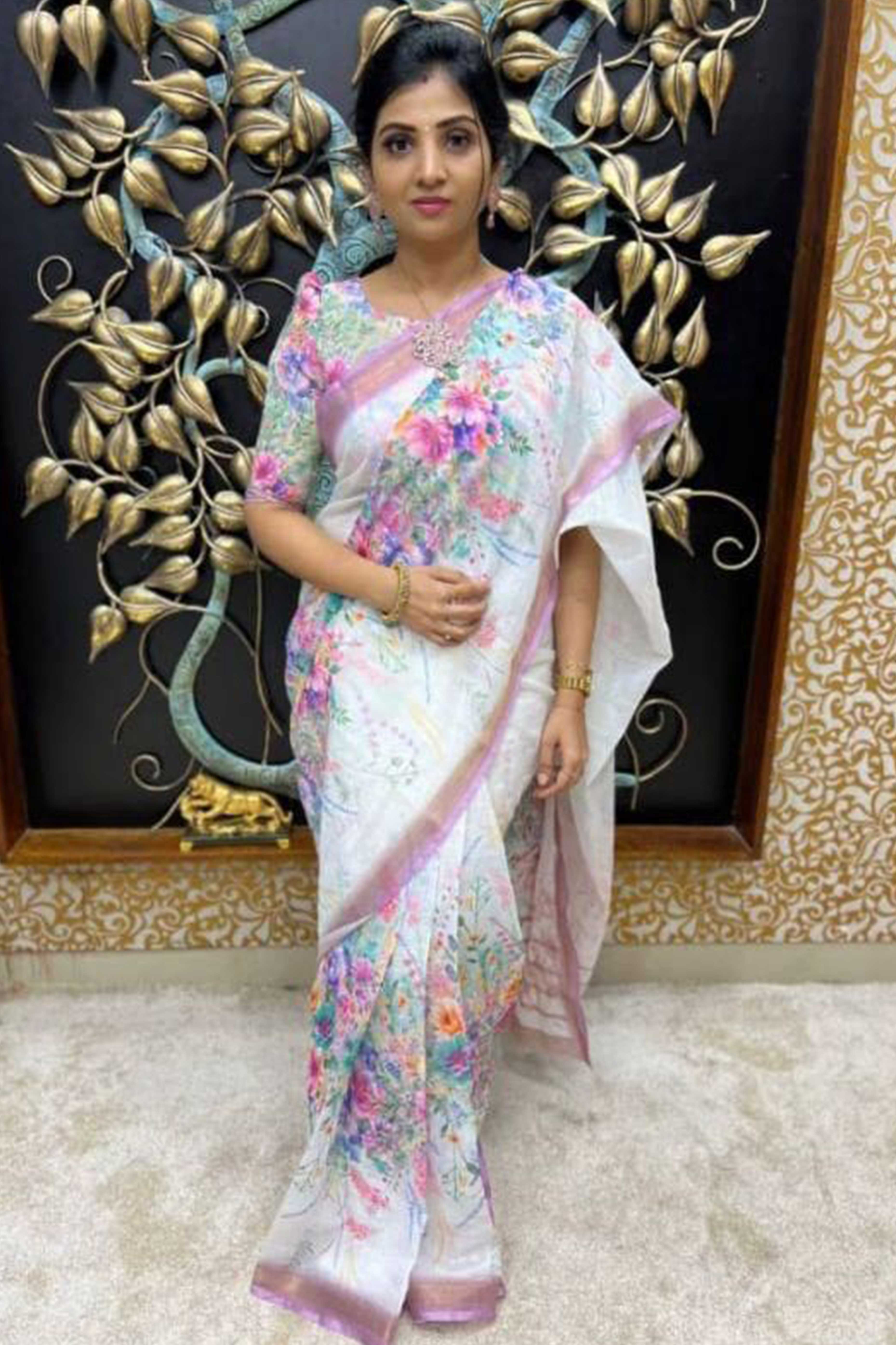 White & Purple Floral Digital Printed Linen Saree - Image 4