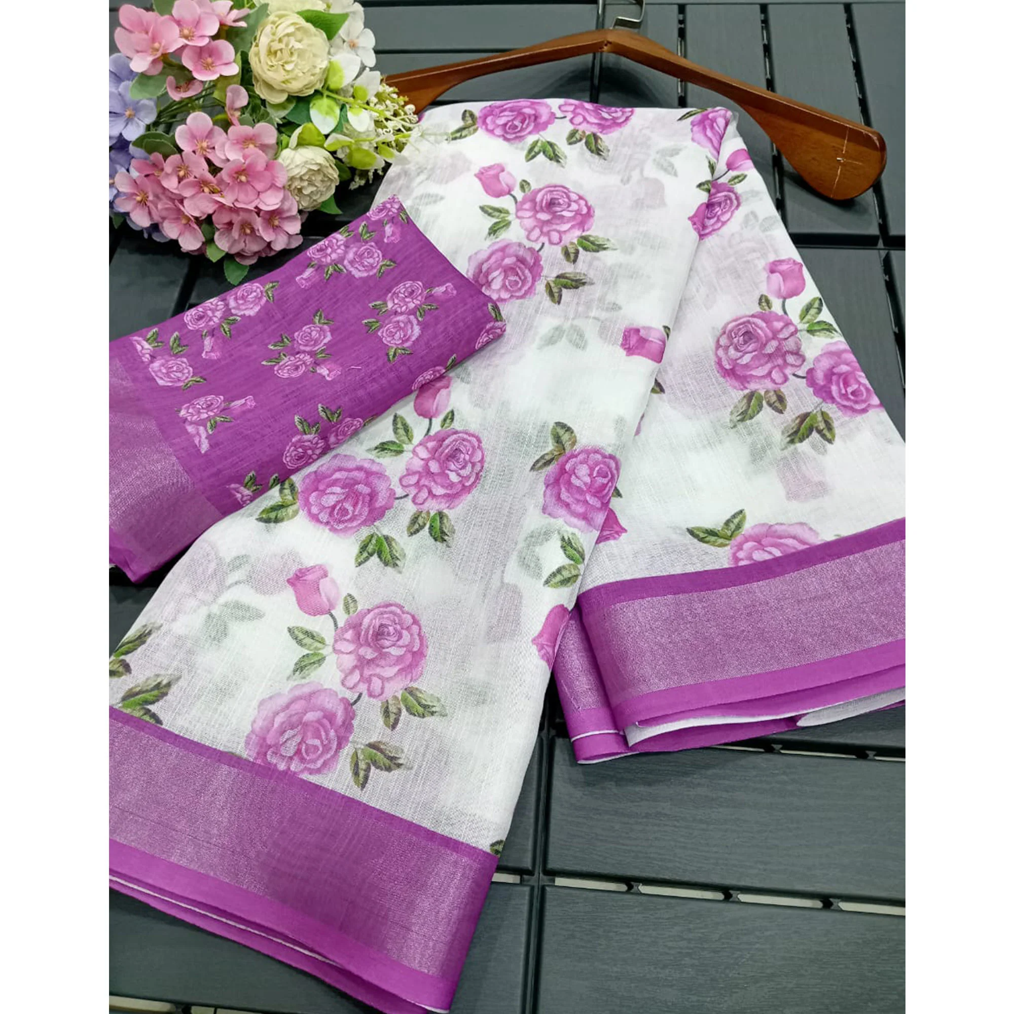White & Purple Floral Printed Linen Saree - Image 3