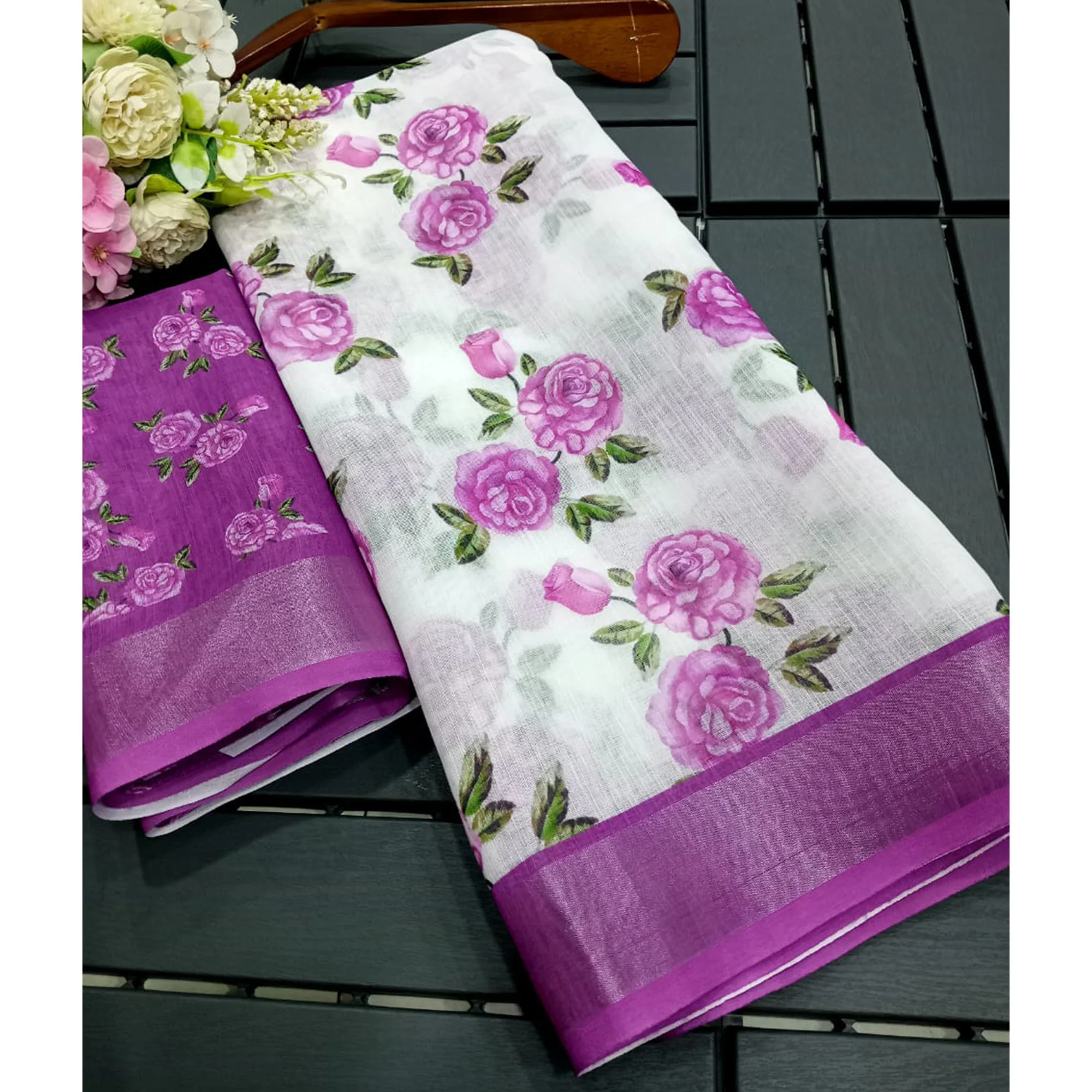 White & Purple Floral Printed Linen Saree - Image 4