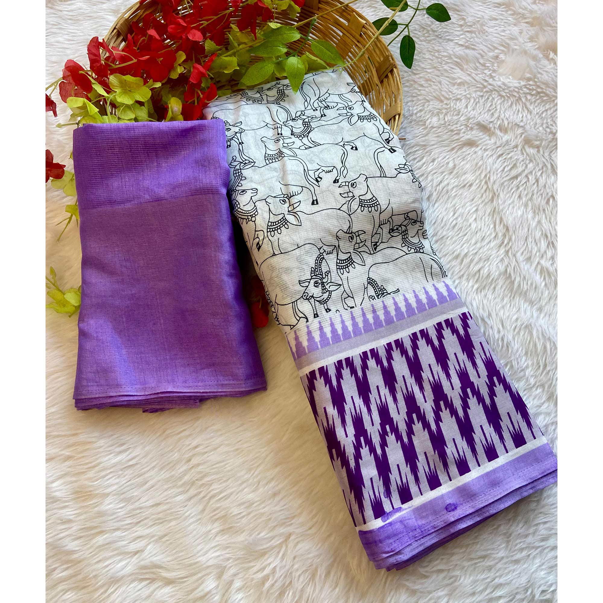 White & Purple Kalamkari Printed Pure Cotton Saree - Image 3