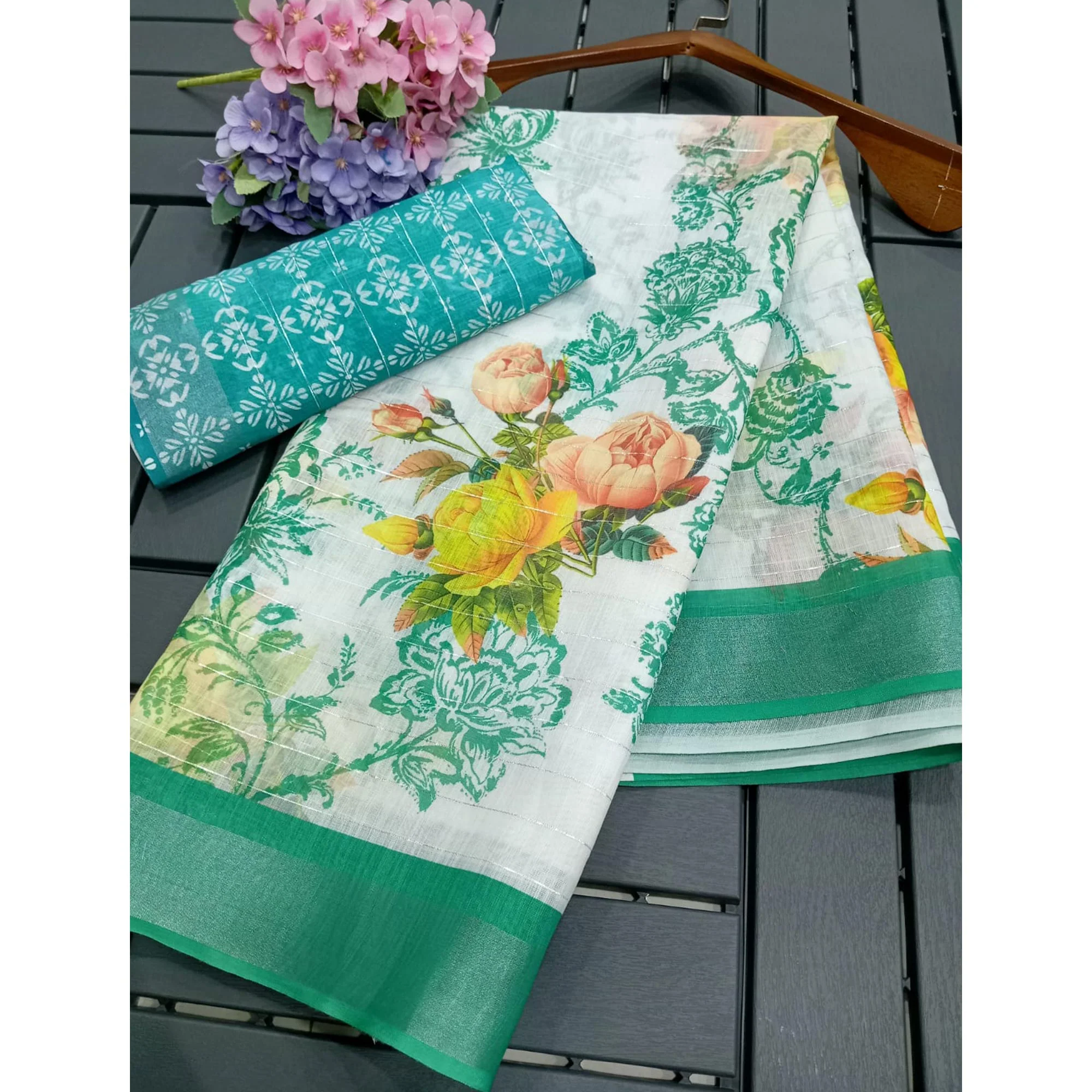 White & Rama Green Digital Printed With Zari Work Linen Cotton Saree - Image 3