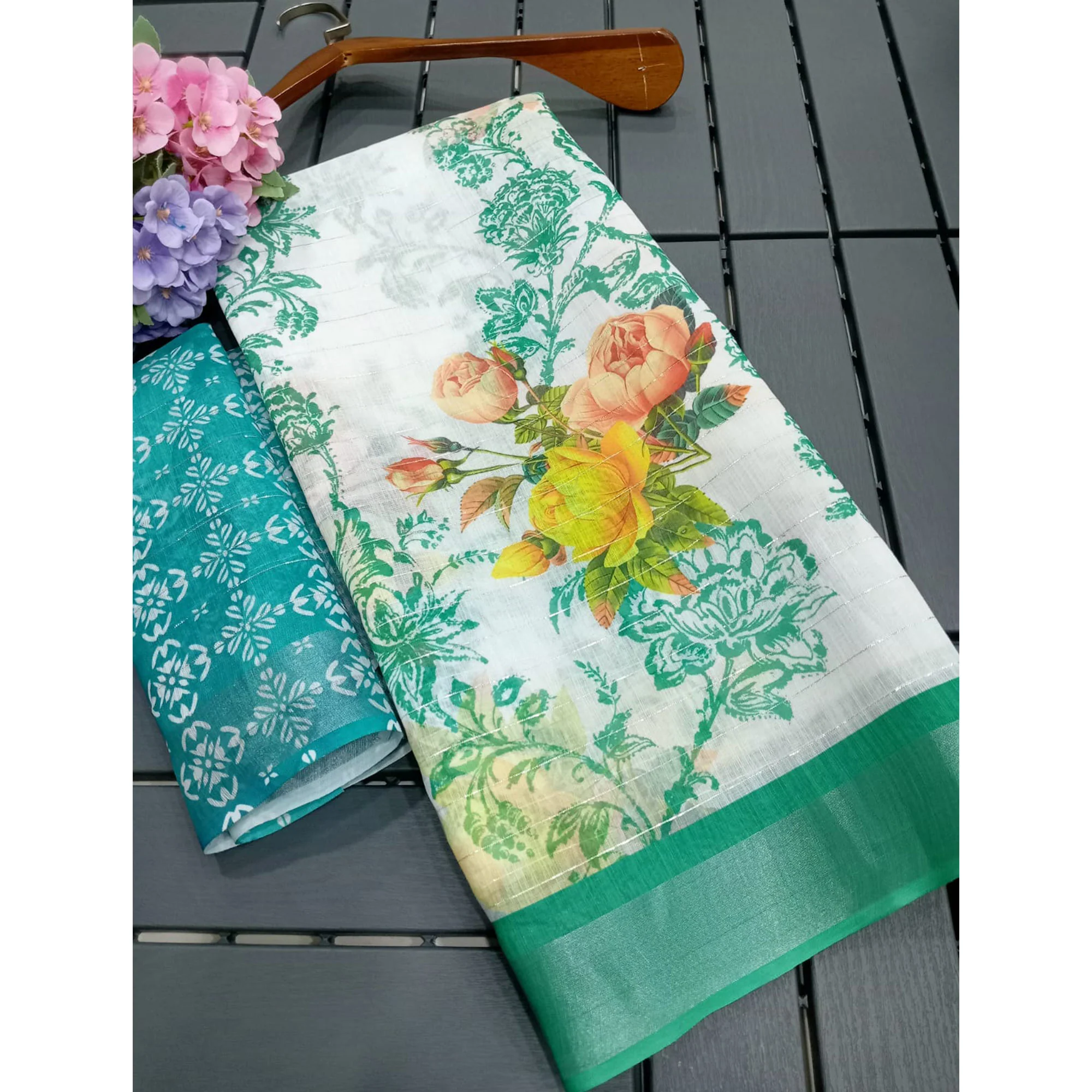 White & Rama Green Digital Printed With Zari Work Linen Cotton Saree - Image 4