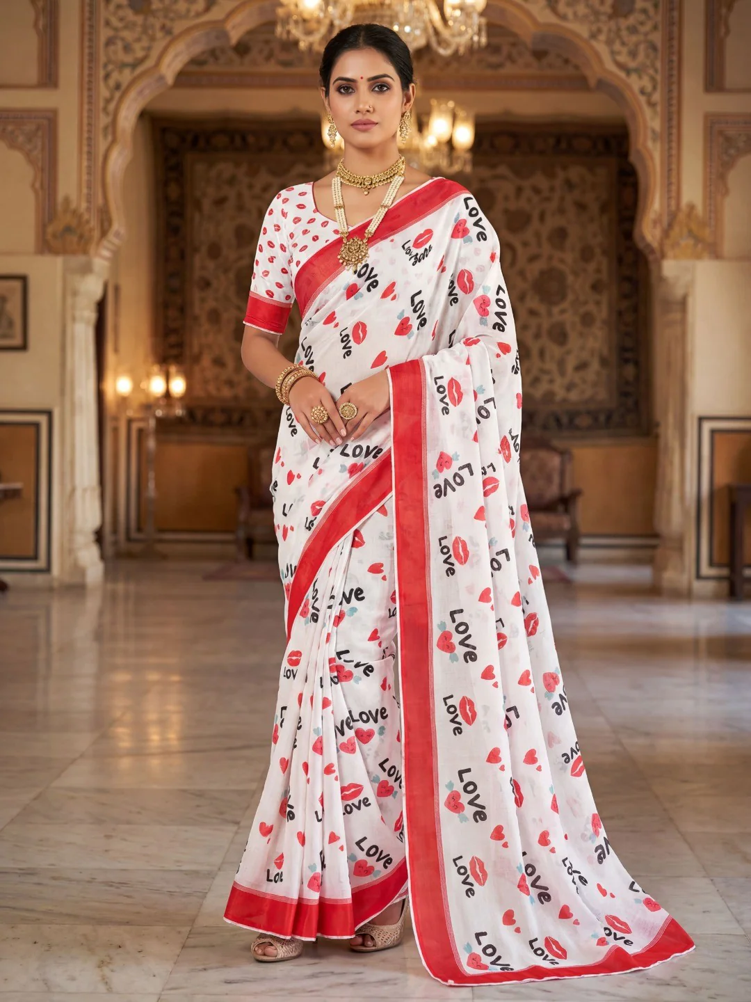 White & Red Abstract Printed Linen Saree with Sophisticated Party Look