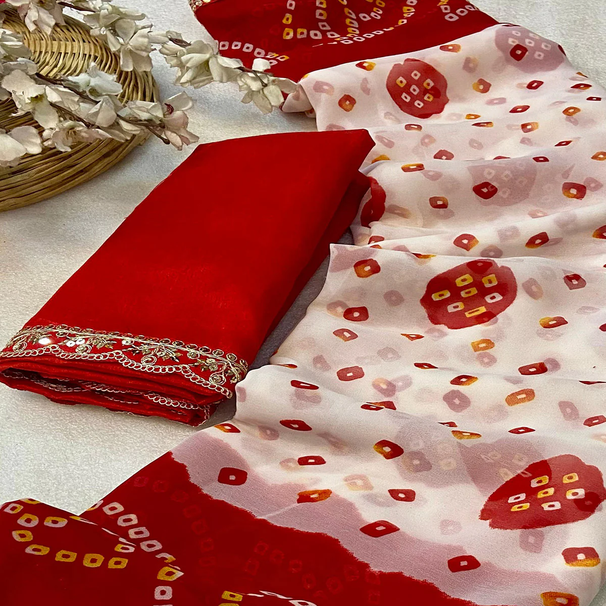 White & Red Bandhani Printed Georgette Saree - Image 2