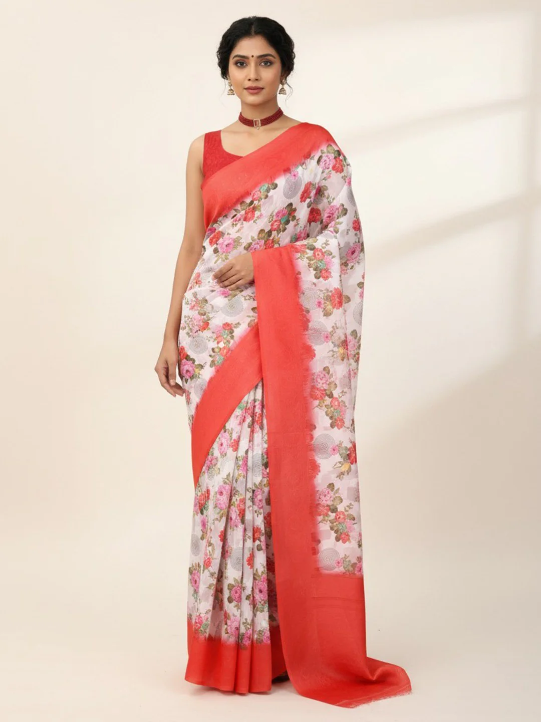 White & Red Floral Digital Print Silk Blend Lucknowi Saree With Jacquard Woven Border & Rich Pallu