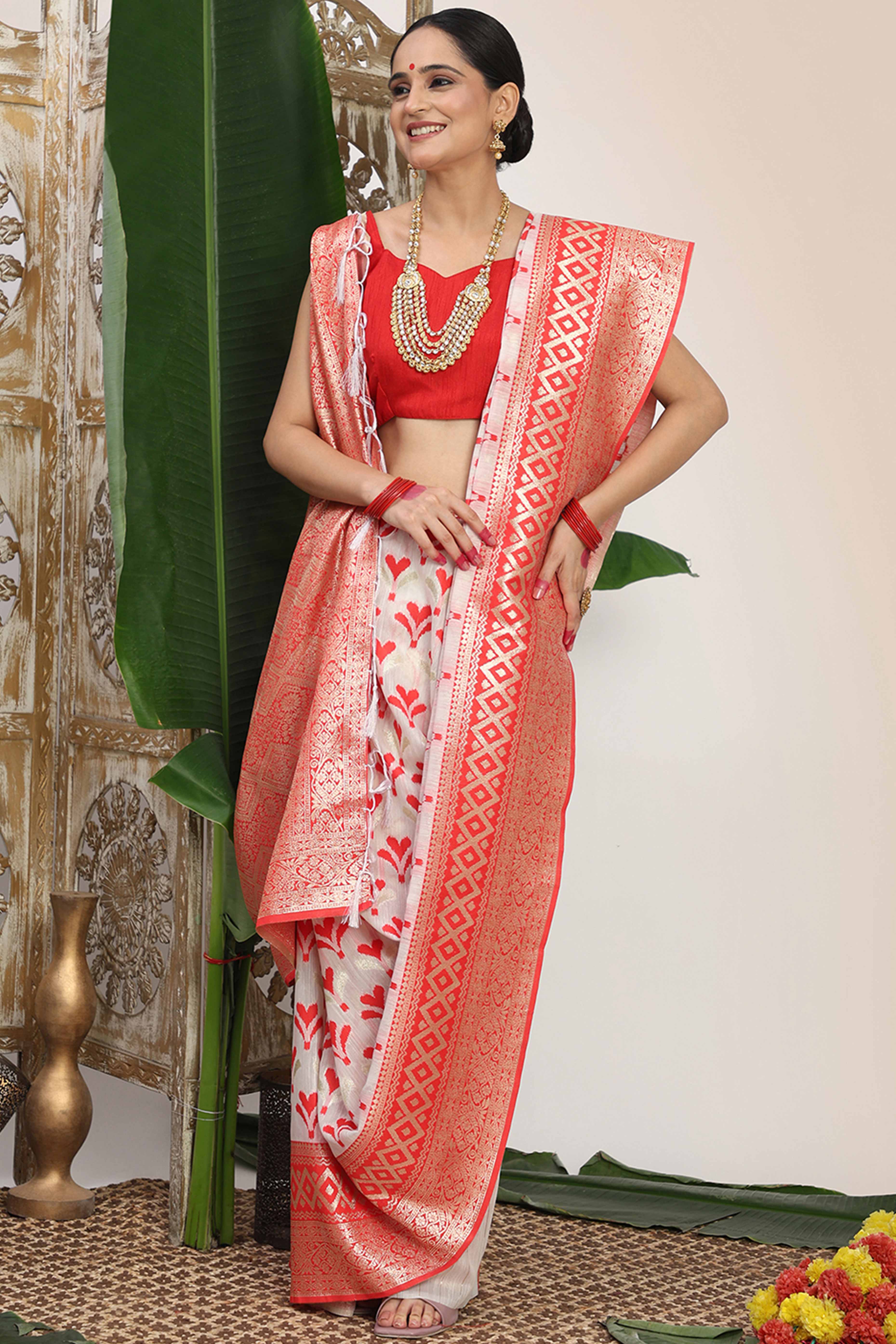 White & Red  Fusion Linen Cotton Saree With Classic Zari Weaving And Soft Tassel Accents - Image 4
