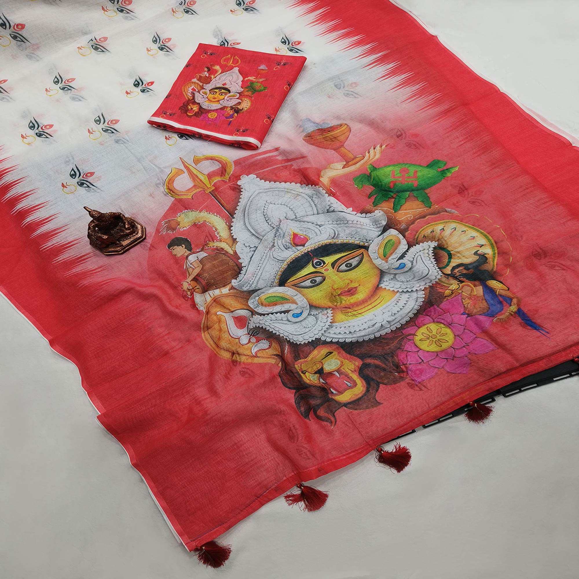 White & Red Goddest Printed Linen Saree - Image 3