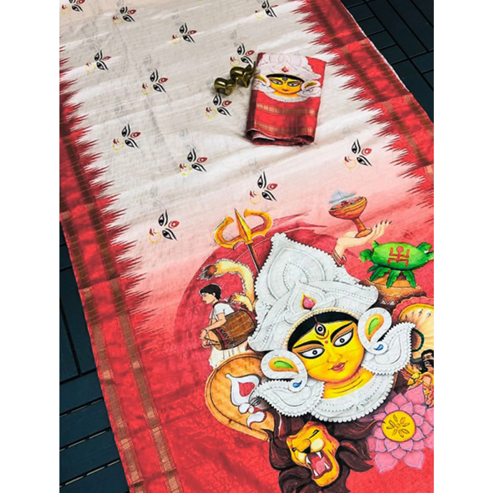 White & Red Goddest Printed Linen Saree - Image 4
