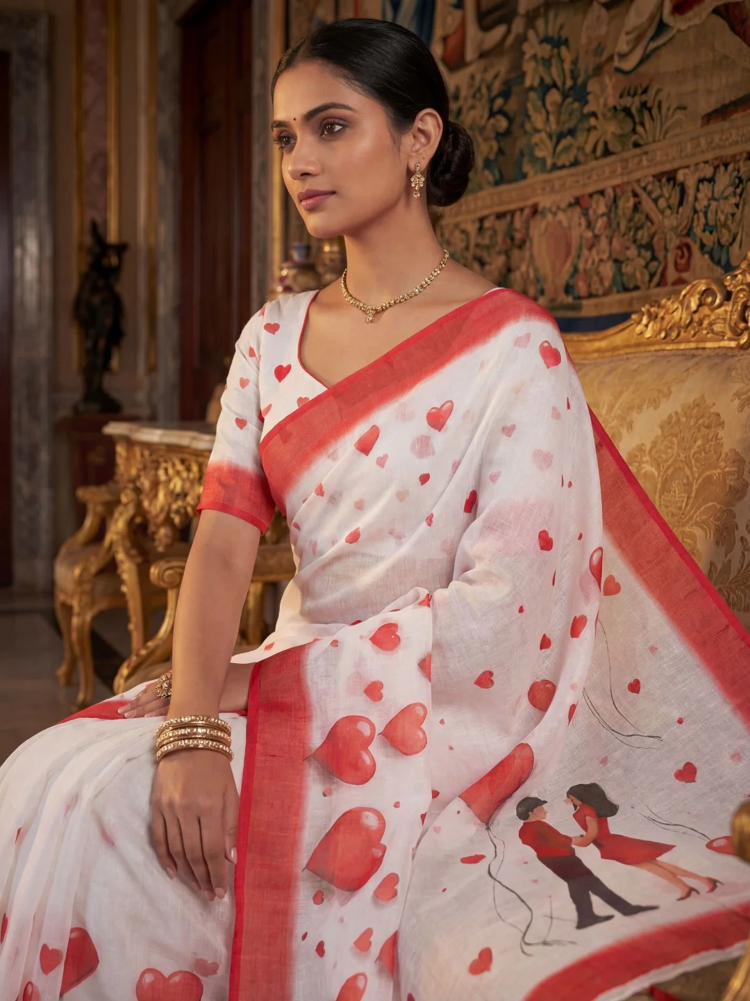 White & Red Heart Printed Linen Party Wear Saree with Contemporary Appeal - Image 2