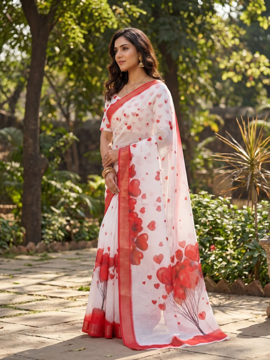 White & Red Heart Printed Linen Party Wear Saree with Elegant Draping - Image 5