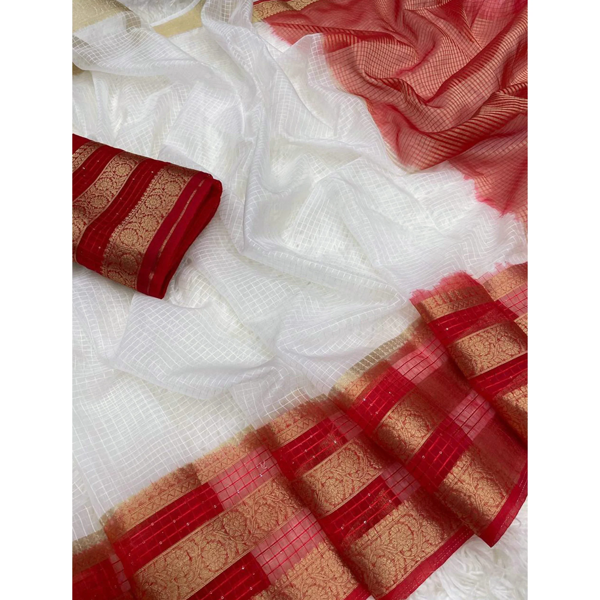 White & Red Kerala Checked Style Organza Saree - Image 3