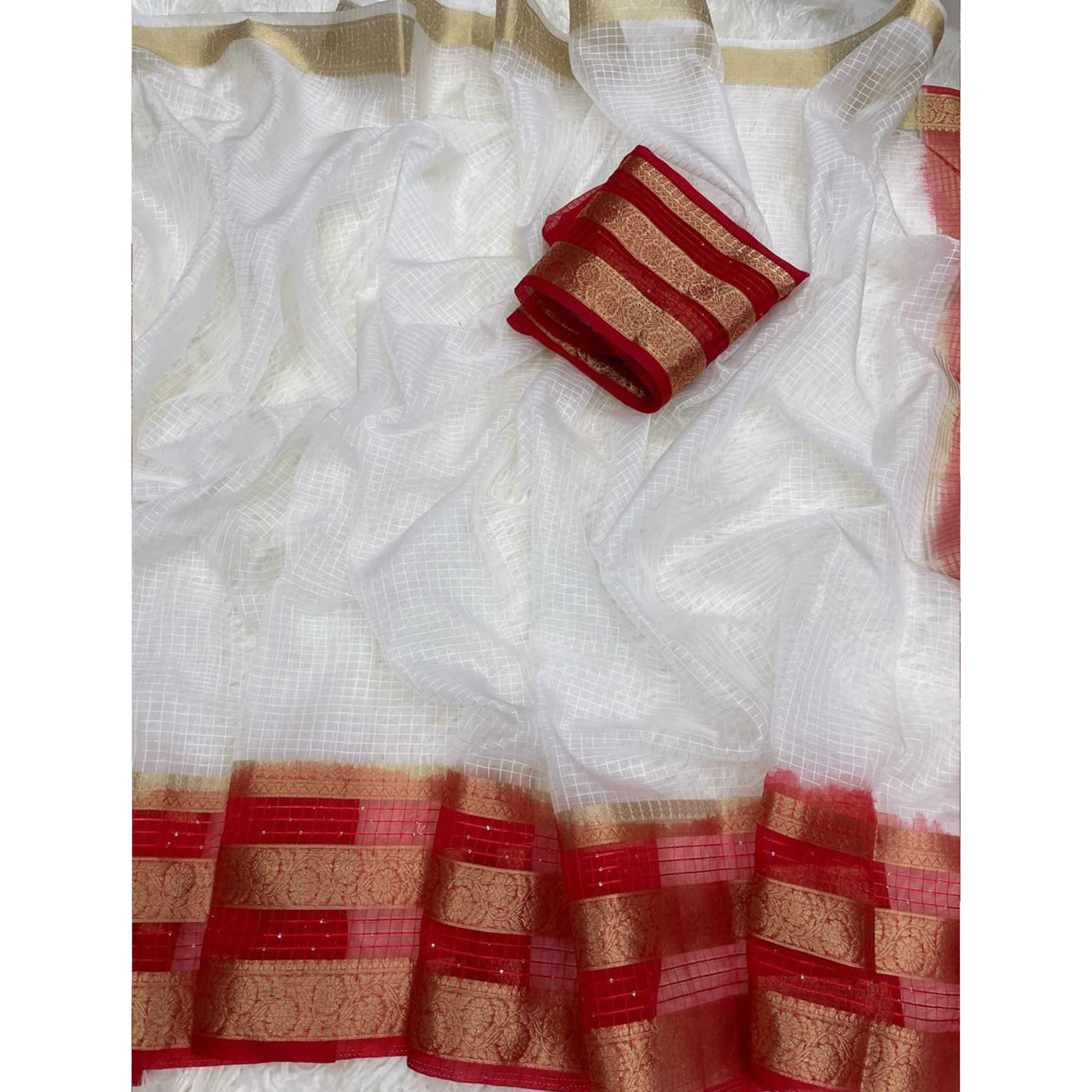 White & Red Kerala Checked Style Organza Saree - Image 4