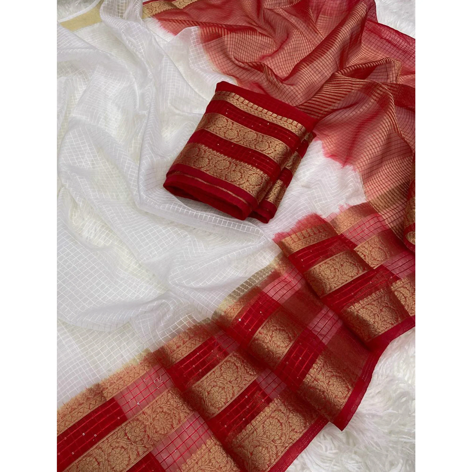 White & Red Kerala Checked Style Organza Saree - Image 5