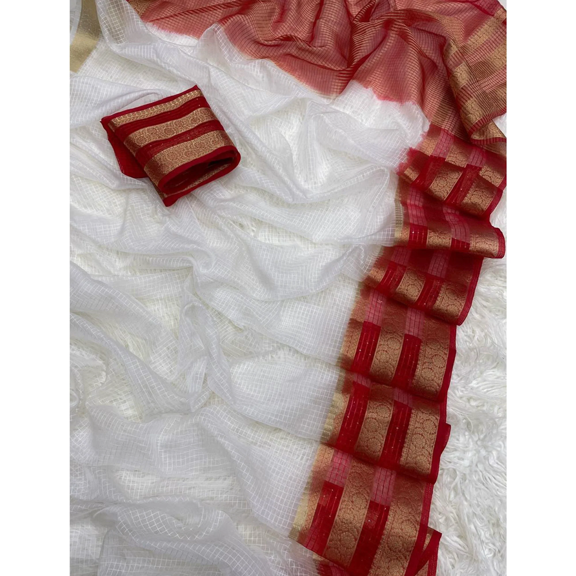 White & Red Kerala Checked Style Organza Saree - Image 6