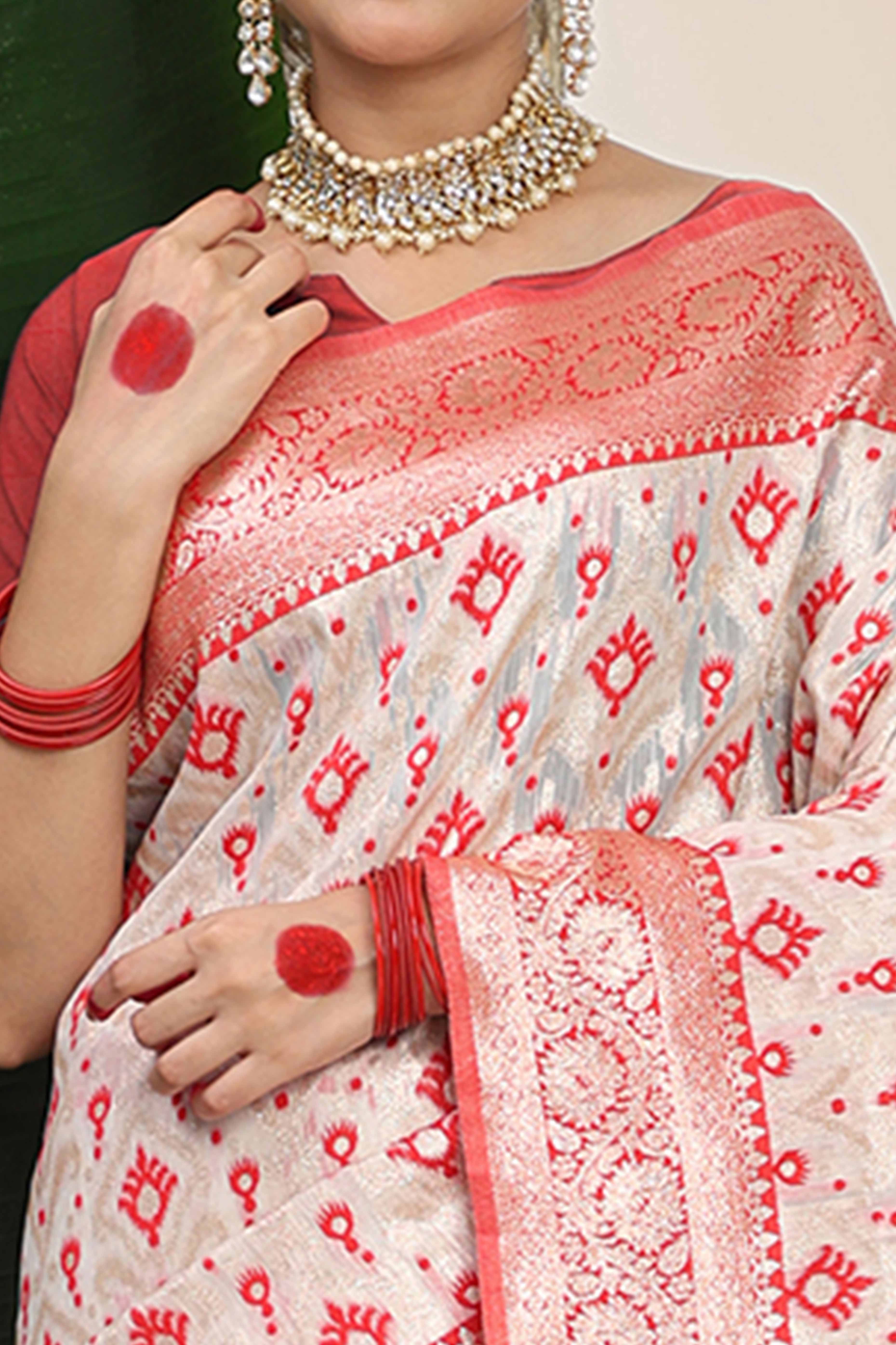 White & Red Linen Cotton Saree Accented With Rich Zari Weaving And A Decorative Tassel Pallu - Image 2