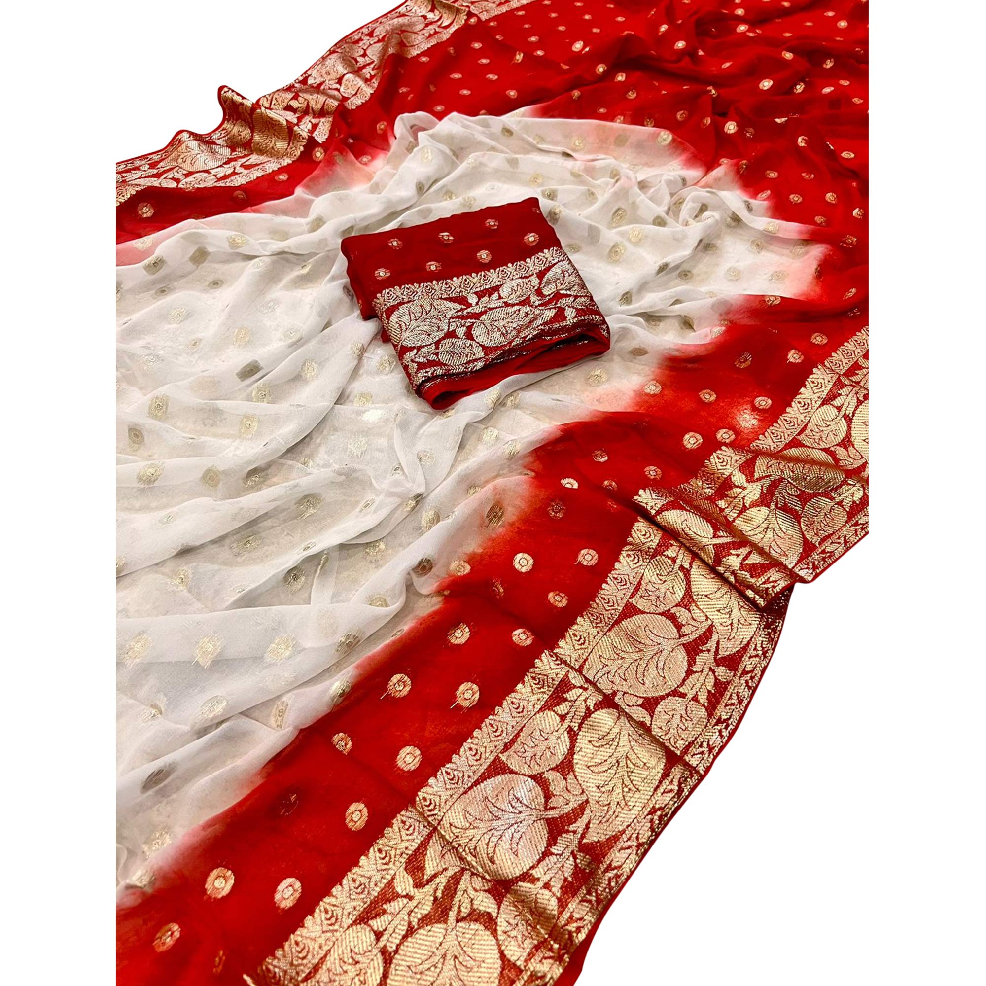 White & Red Zari Woven Viscose Saree - Image 3