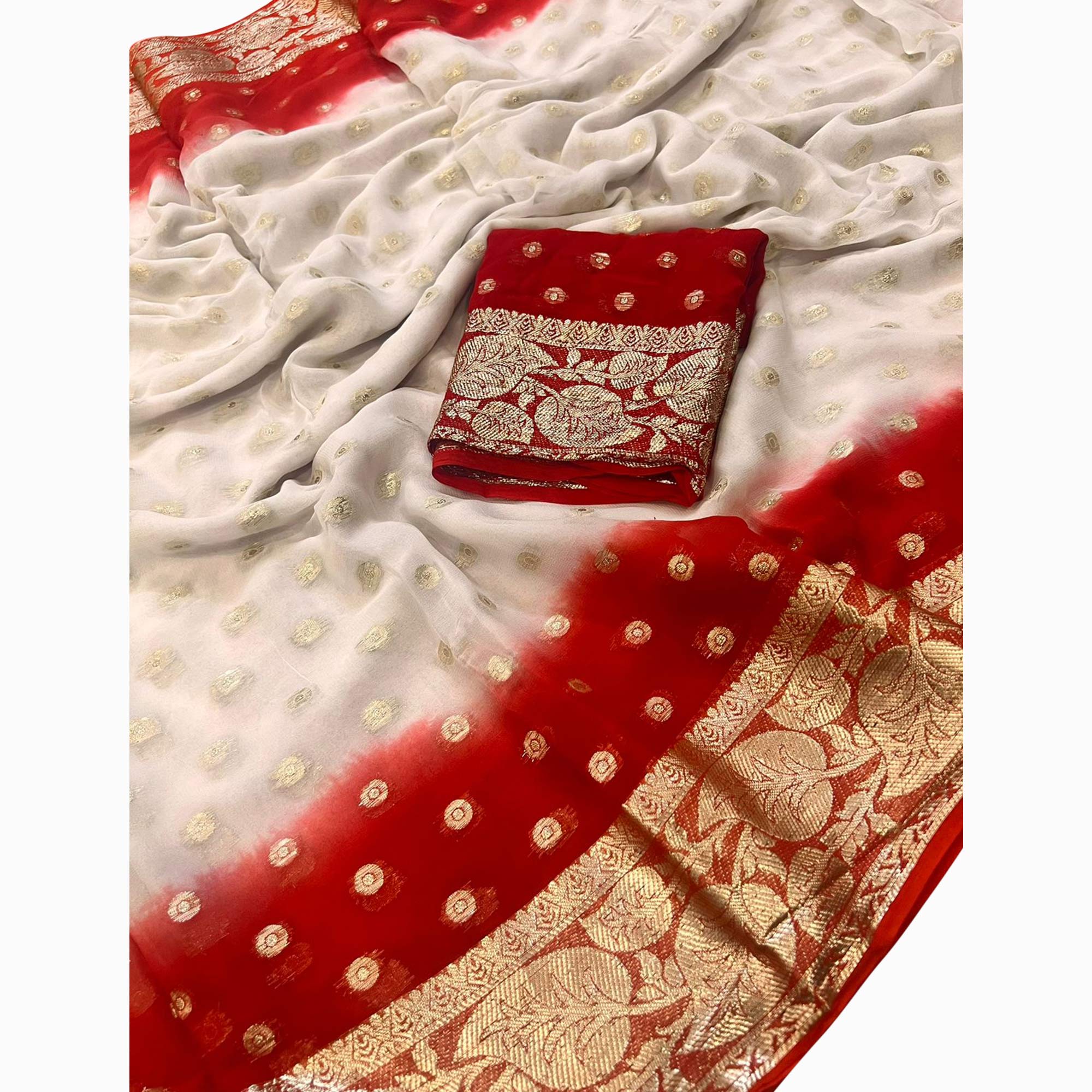 White & Red Zari Woven Viscose Saree - Image 4