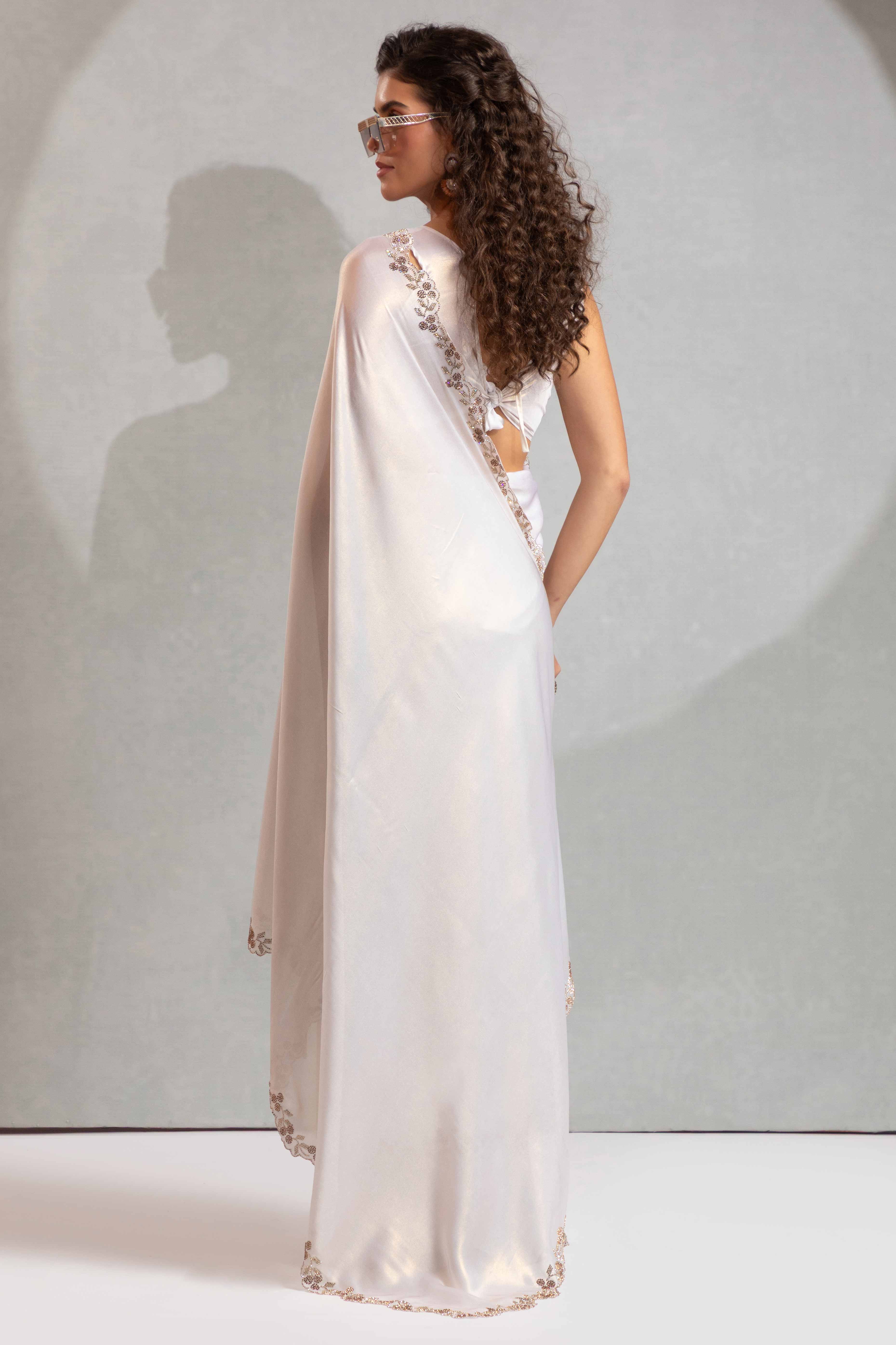 White Satin Georgette Saree Adorned With Subtle Foil Finish & A Sparkling Zarkan Work Border - Image 4