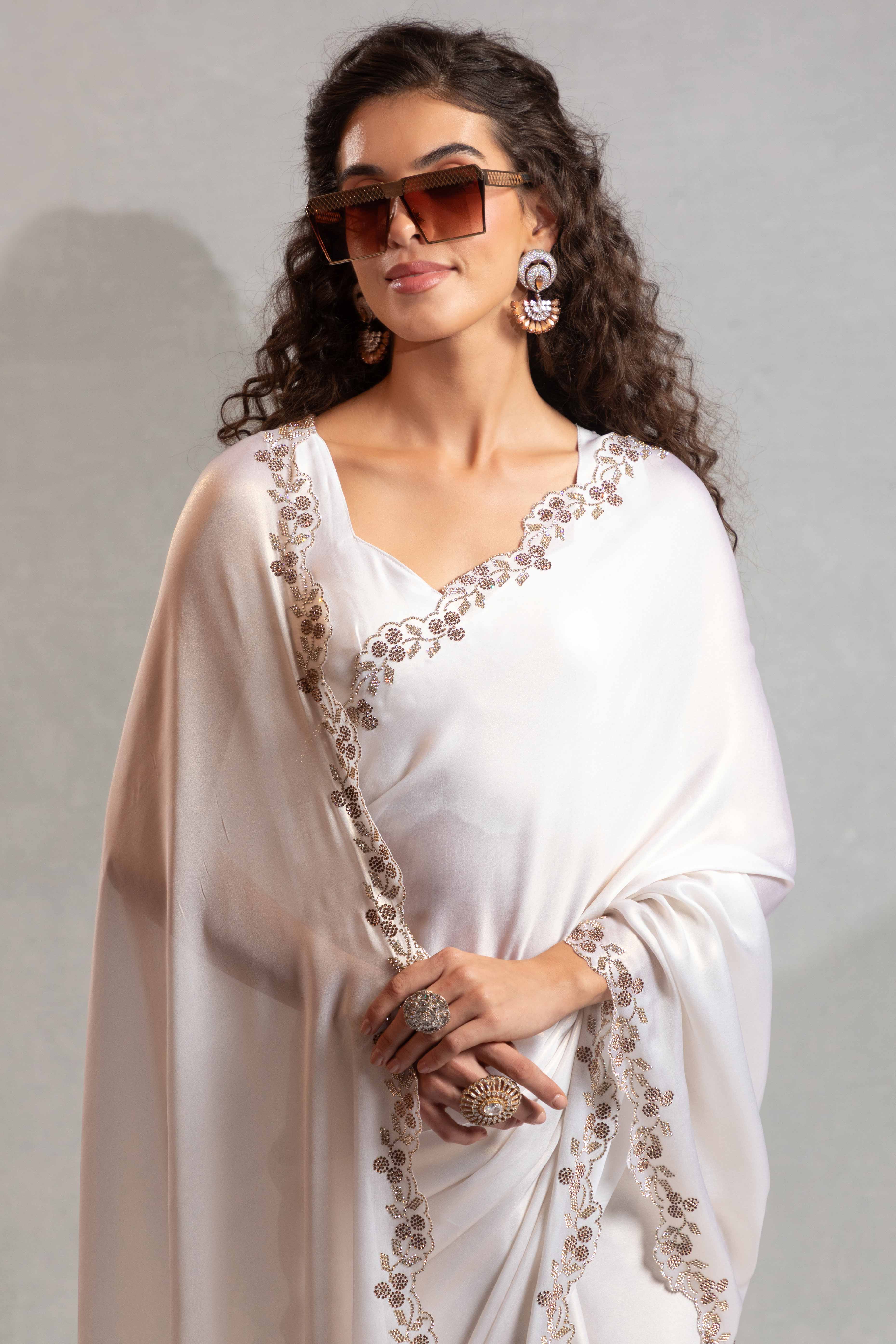 White Satin Georgette Saree Adorned With Subtle Foil Finish & A Sparkling Zarkan Work Border - Image 5