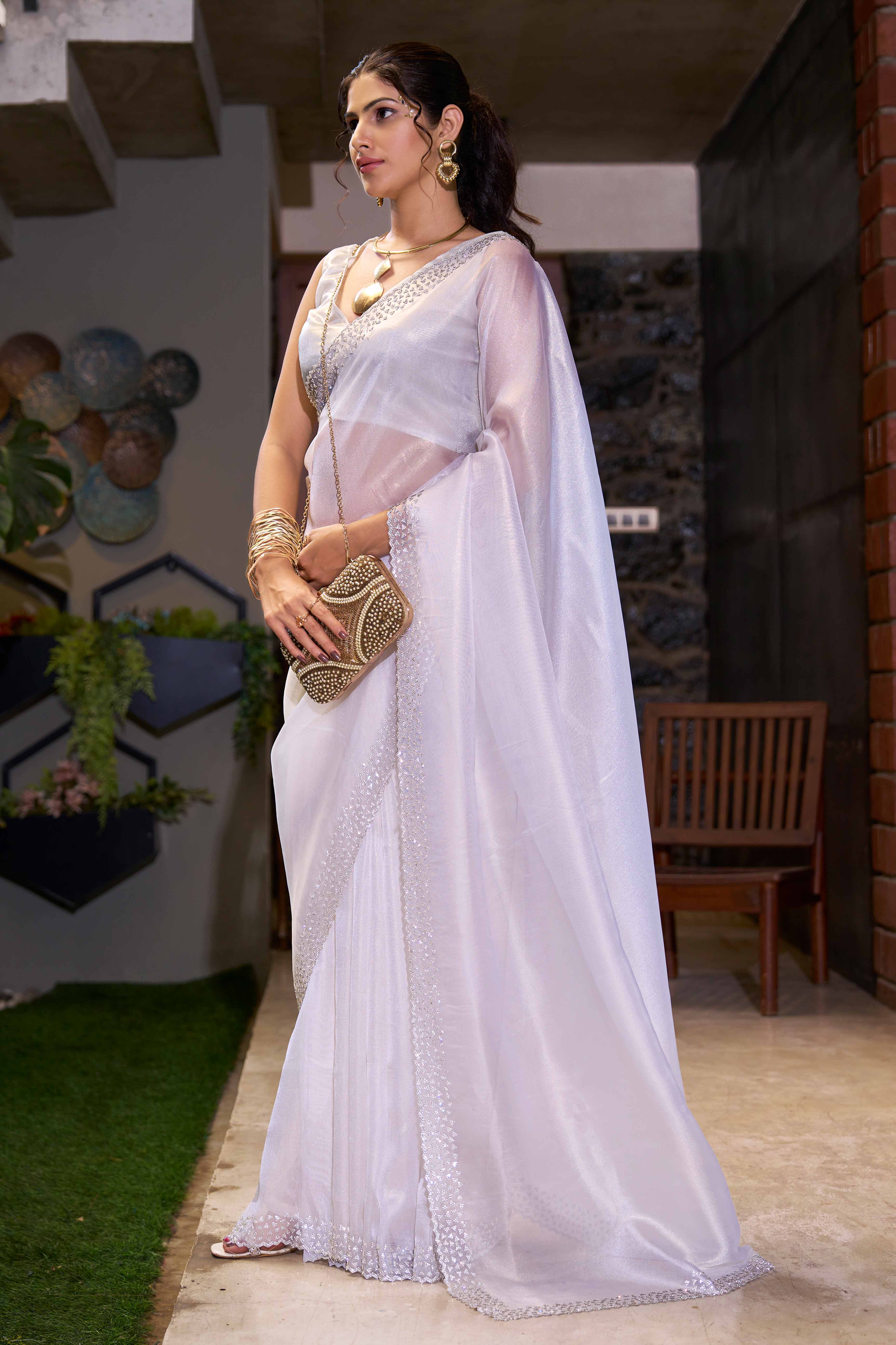 White Solid With Zarkan Work Organza Saree - Image 3