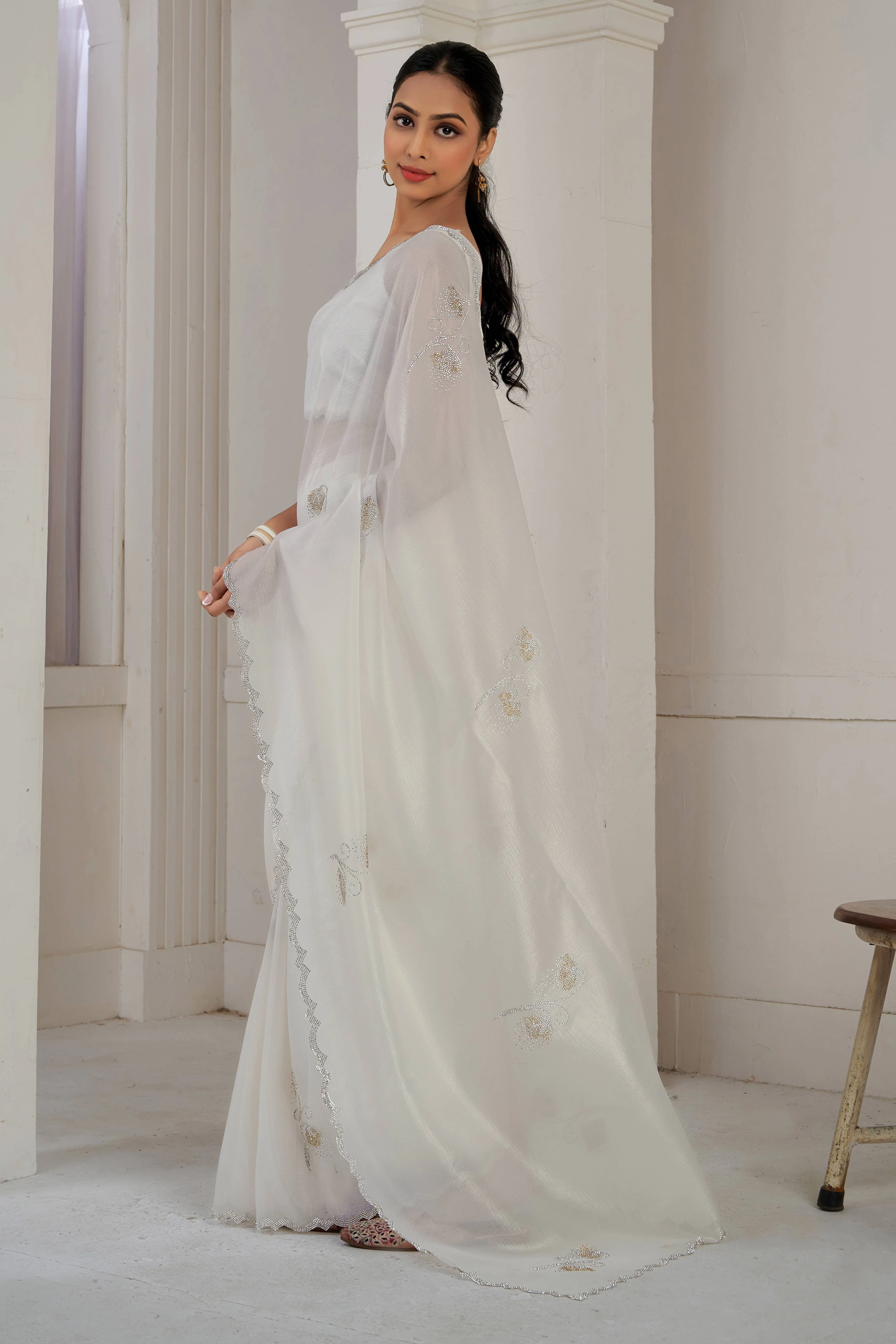 White Stone Work Embroidered Crepe Silk Saree