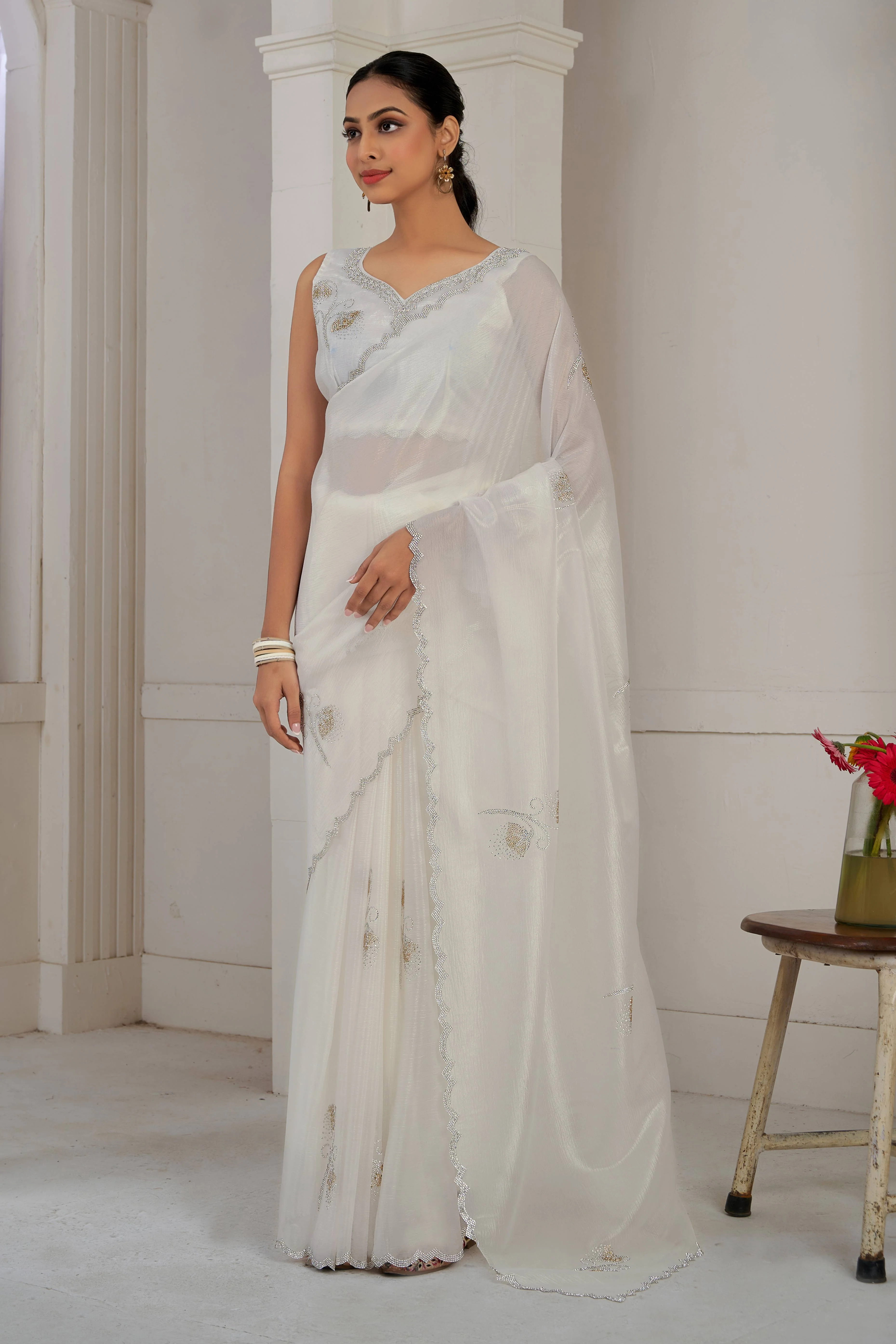 White Stone Work Embroidered Crepe Silk Saree - Image 2