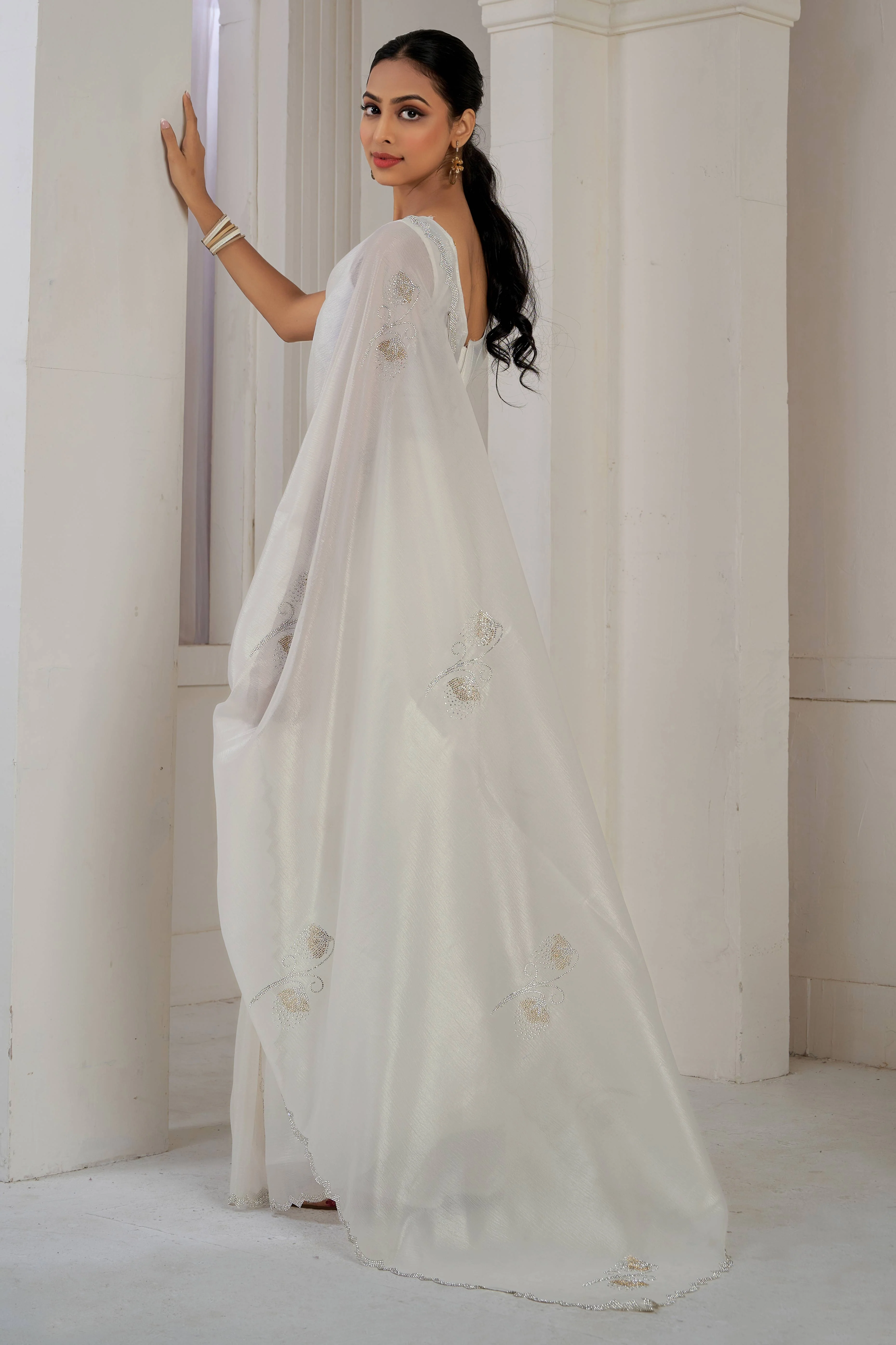 White Stone Work Embroidered Crepe Silk Saree - Image 4