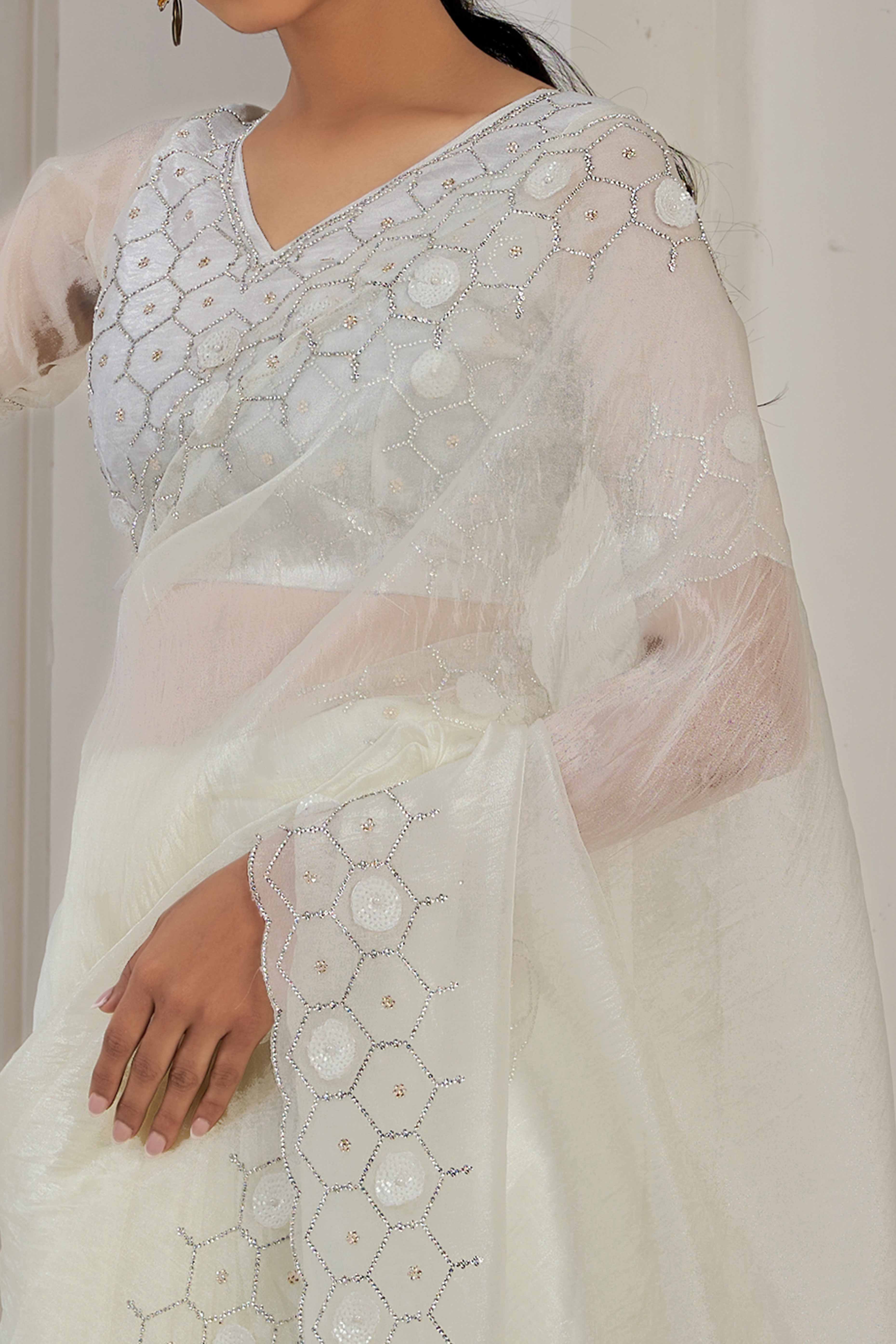 White Stone Work Soft Organza Saree - Image 2