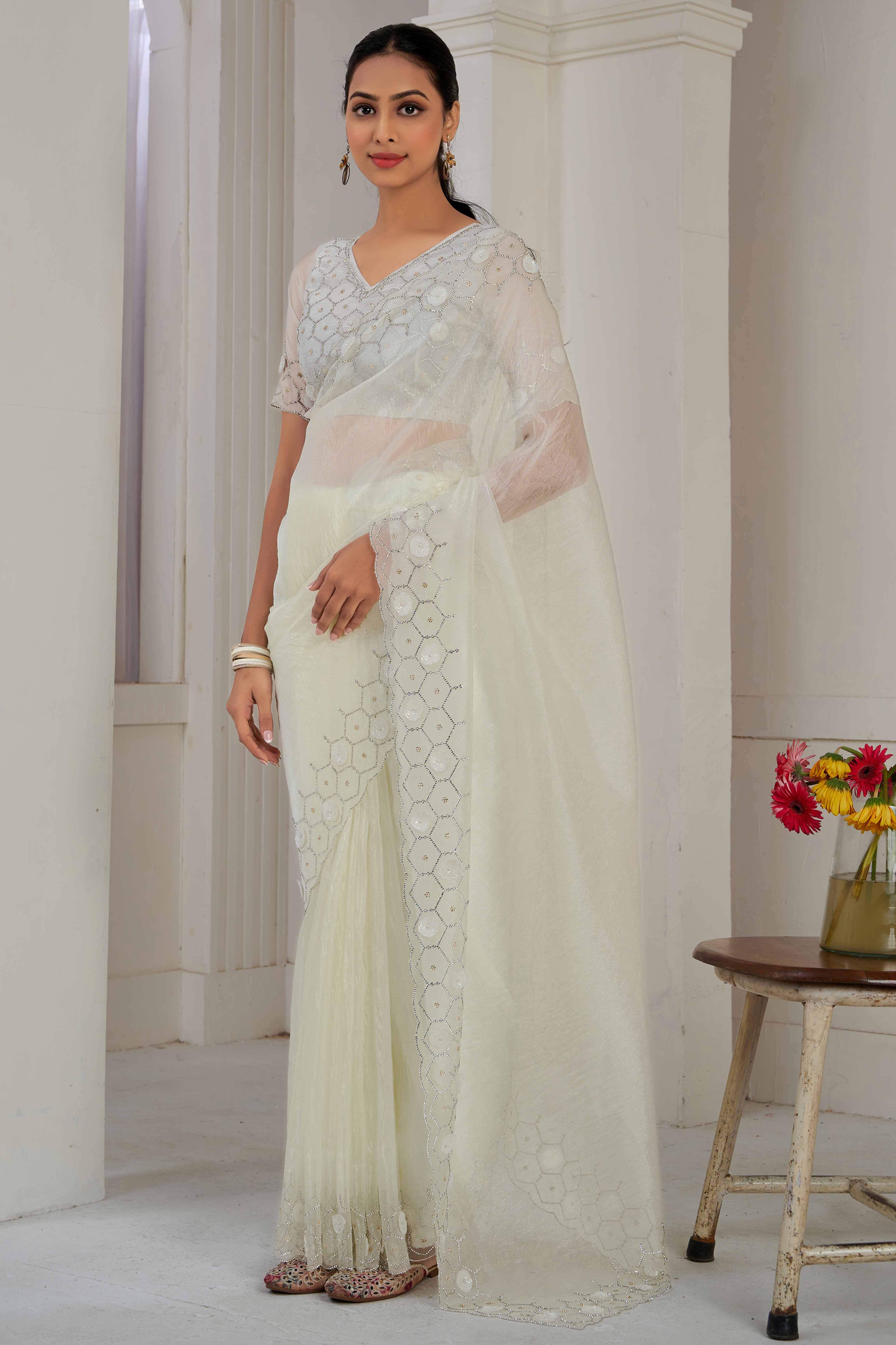 White Stone Work Soft Organza Saree - Image 3