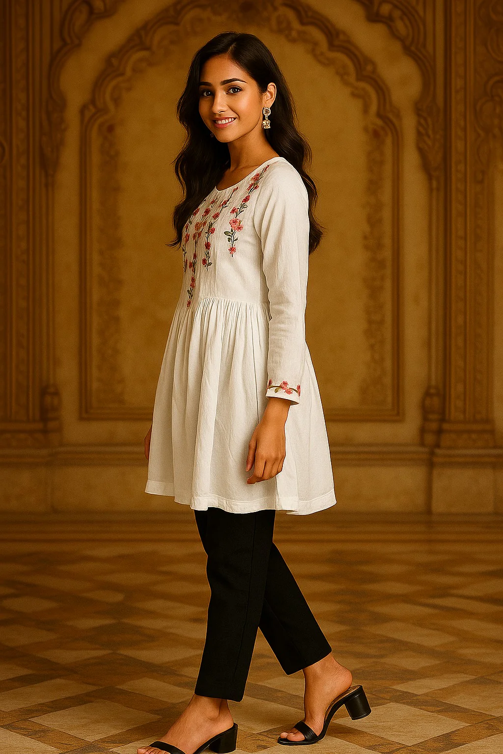 White Tunic in Heavy Rayon with Delicate Floral Embroidery - Image 4