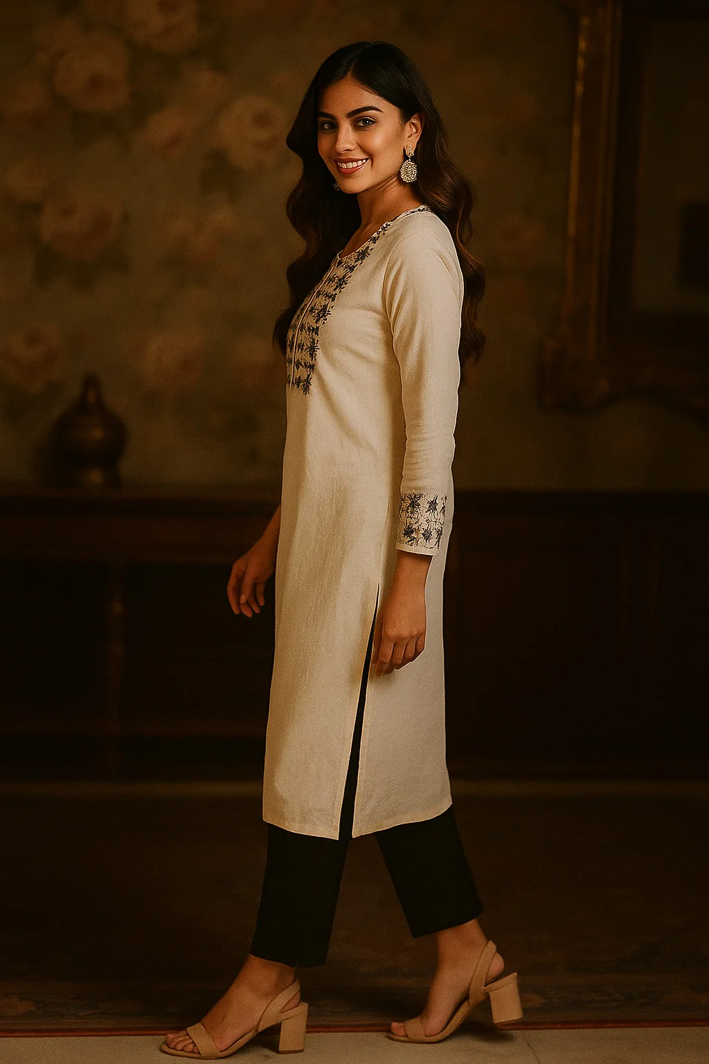 White Viscose Kurti Featuring Hand Touched Embroidery Work on the Neck - Image 4