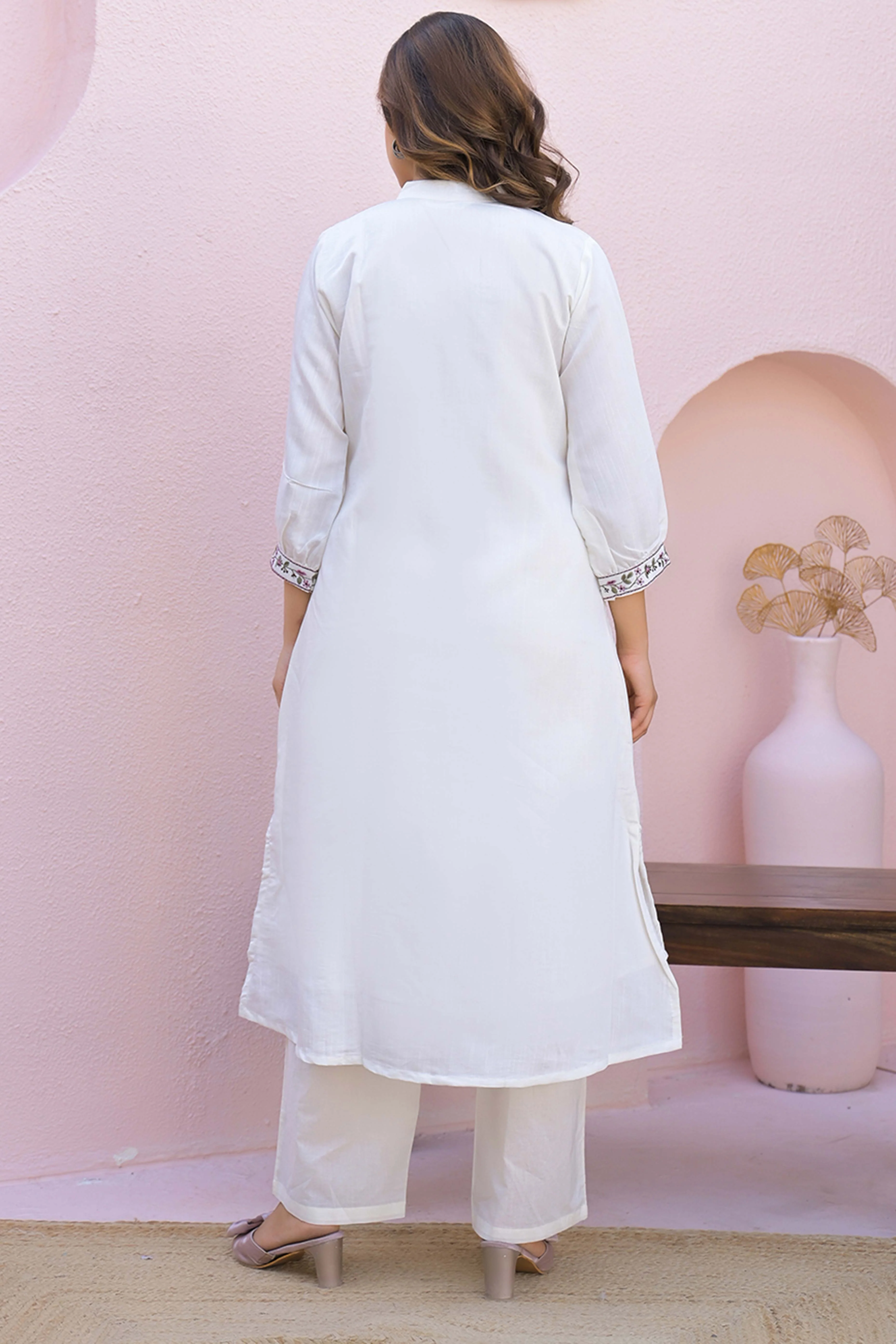 White Viscose Mango Silk A-Line Kurti with Floral Embroidery On Neck - Image 9