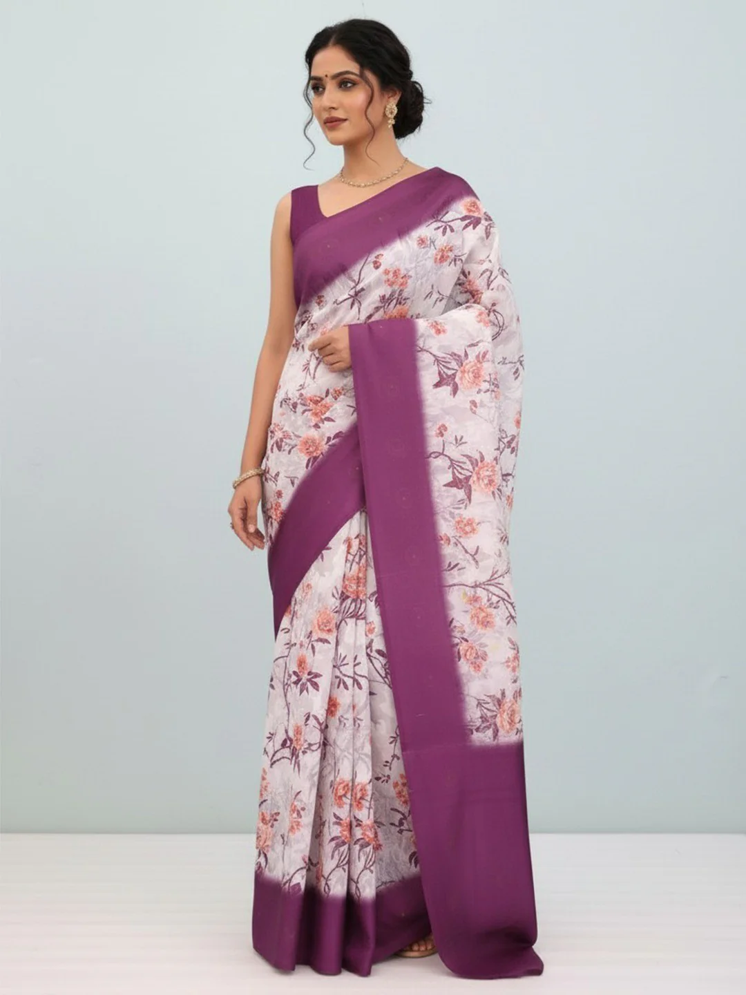 White & Wine Floral Leaf Digital Print Silk Blend Lucknowi Saree With Jacquard Woven Border & Rich Pallu